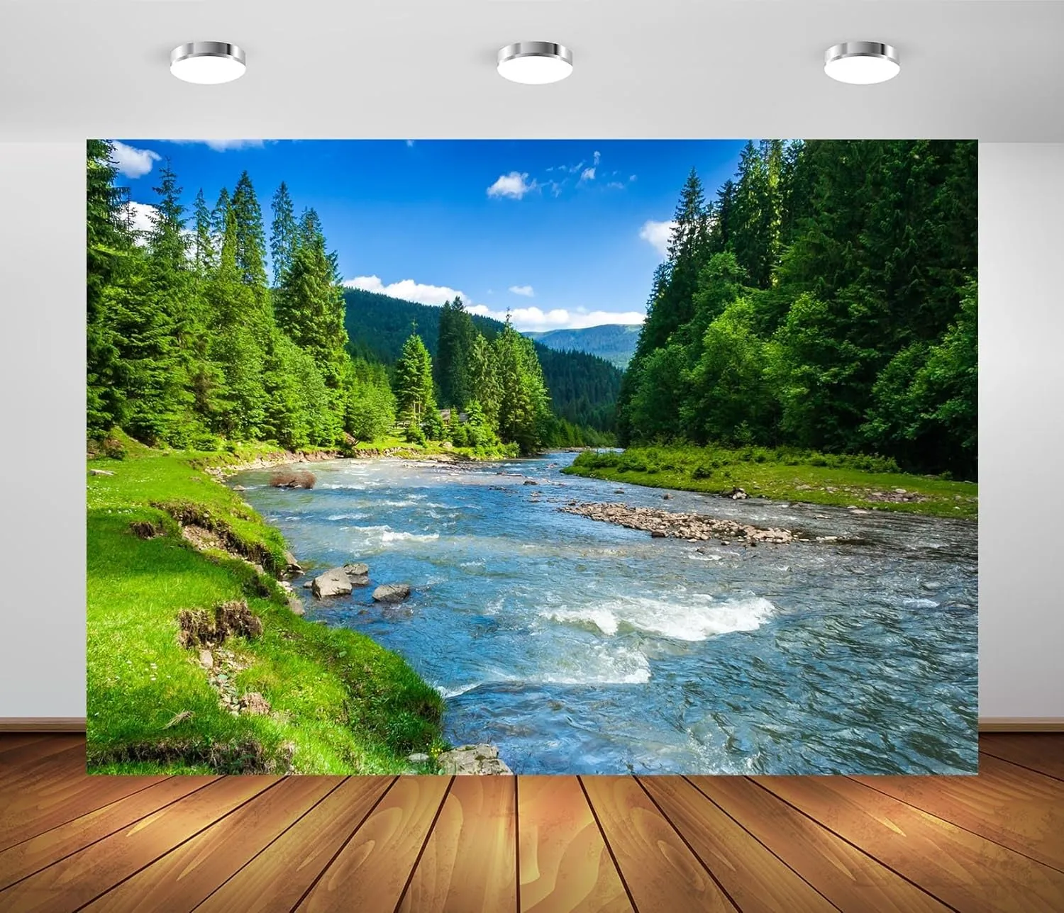 BELECO 7x5ft Fabric Mountain River Backdrop Spring Summer Landscape Forest Trees Nature River Stones Background Outdoor Camping Hiking Decor Kid Adult Artistic Portrait Photo Studio Props