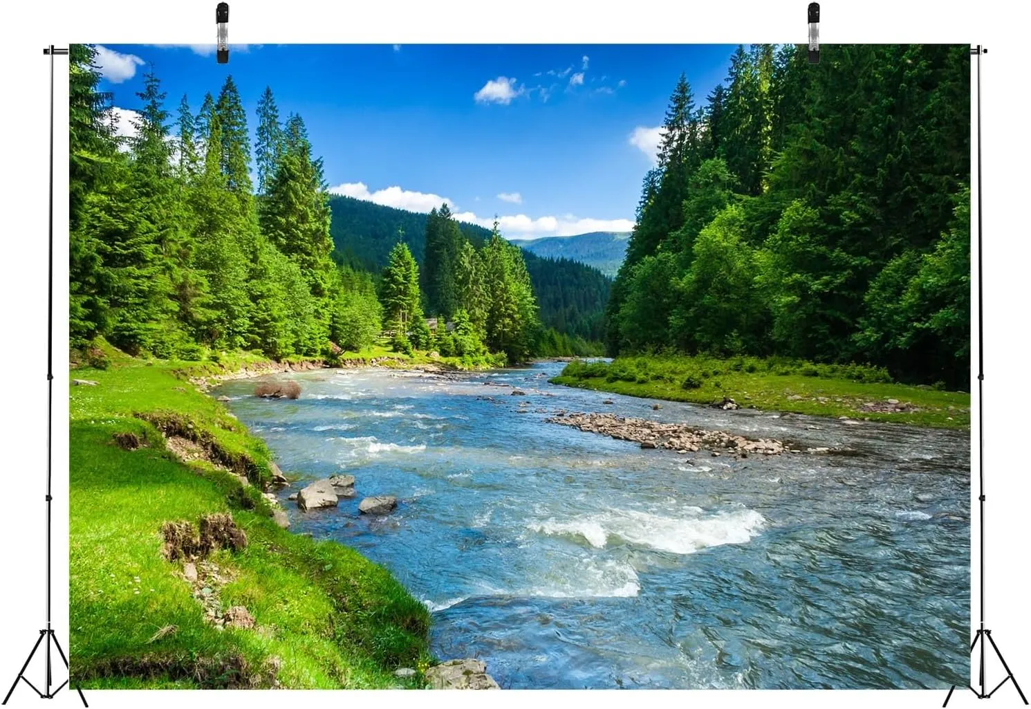 BELECO 7x5ft Fabric Mountain River Backdrop Spring Summer Landscape Forest Trees Nature River Stones Background Outdoor Camping Hiking Decor Kid Adult Artistic Portrait Photo Studio Props