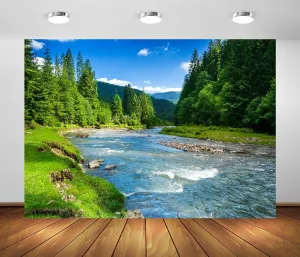 BELECO 7x5ft Fabric Mountain River Backdrop Spring Summer Landscape Forest Trees Nature River Stones Background Outdoor Camping Hiking Decor Kid Adult Artistic Portrait Photo Studio Props