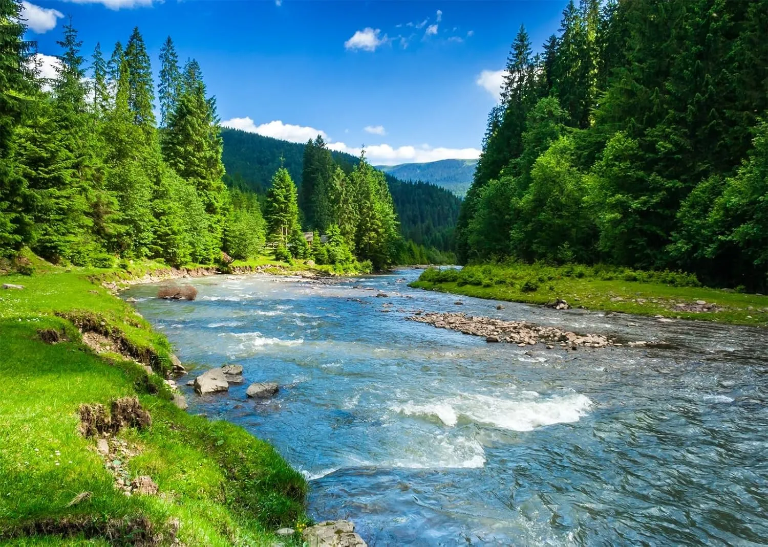 BELECO 7x5ft Fabric Mountain River Backdrop Spring Summer Landscape Forest Trees Nature River Stones Background Outdoor Camping Hiking Decor Kid Adult Artistic Portrait Photo Studio Props