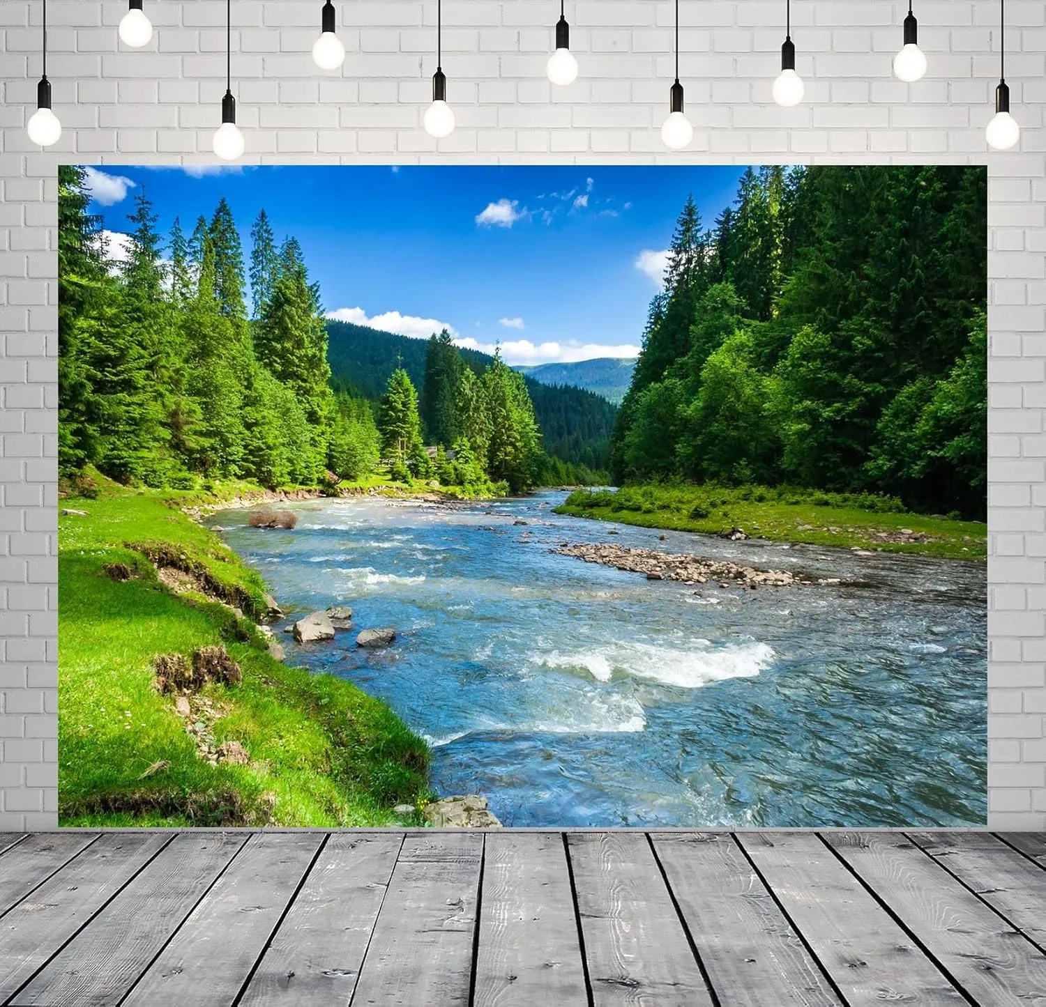 BELECO 7x5ft Fabric Mountain River Backdrop Spring Summer Landscape Forest Trees Nature River Stones Background Outdoor Camping Hiking Decor Kid Adult Artistic Portrait Photo Studio Props
