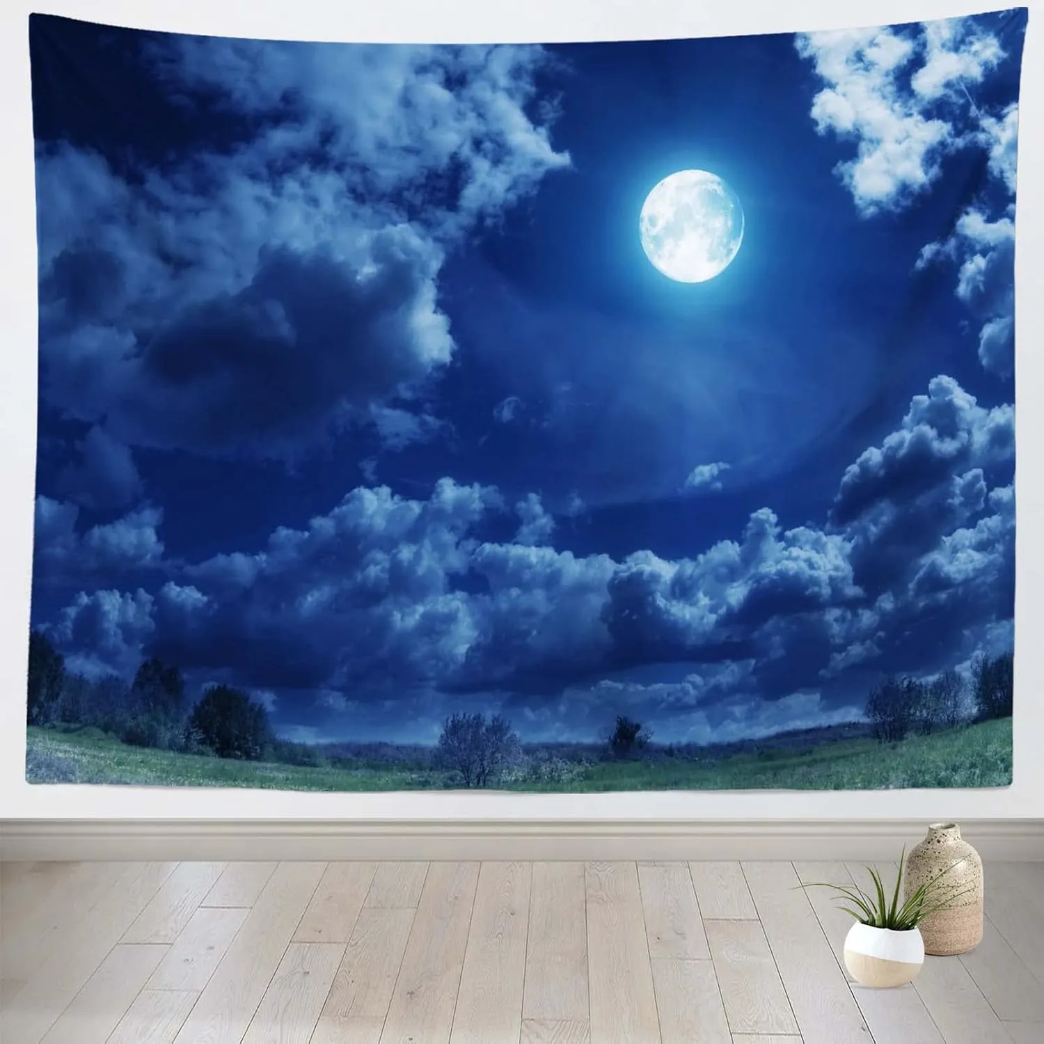 BELECO 7x5ft Fabric Starry Night Full Moon Backdrop Cloudy Sky Green Grassland Nature Background Outdoor Camping Picnic Party Decorations Photo Props
