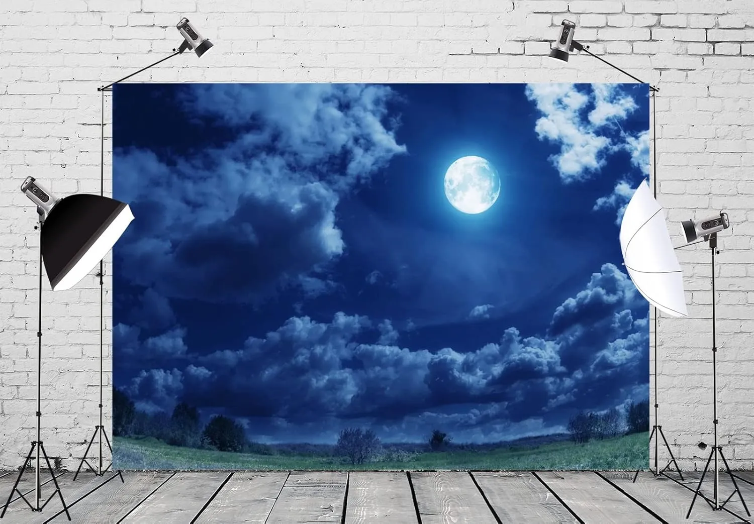 BELECO 7x5ft Fabric Starry Night Full Moon Backdrop Cloudy Sky Green Grassland Nature Background Outdoor Camping Picnic Party Decorations Photo Props