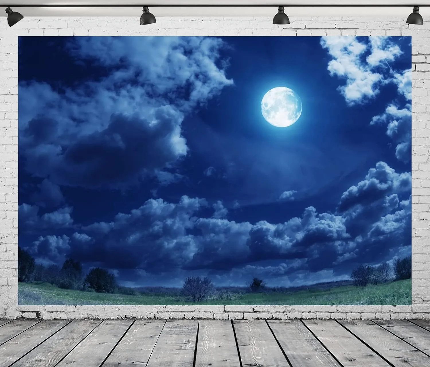 BELECO 7x5ft Fabric Starry Night Full Moon Backdrop Cloudy Sky Green Grassland Nature Background Outdoor Camping Picnic Party Decorations Photo Props