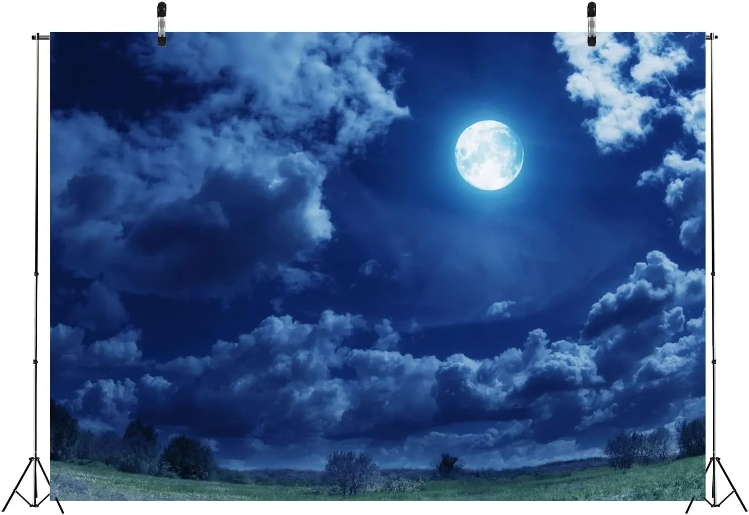 BELECO 7x5ft Fabric Starry Night Full Moon Backdrop Cloudy Sky Green Grassland Nature Background Outdoor Camping Picnic Party Decorations Photo Props