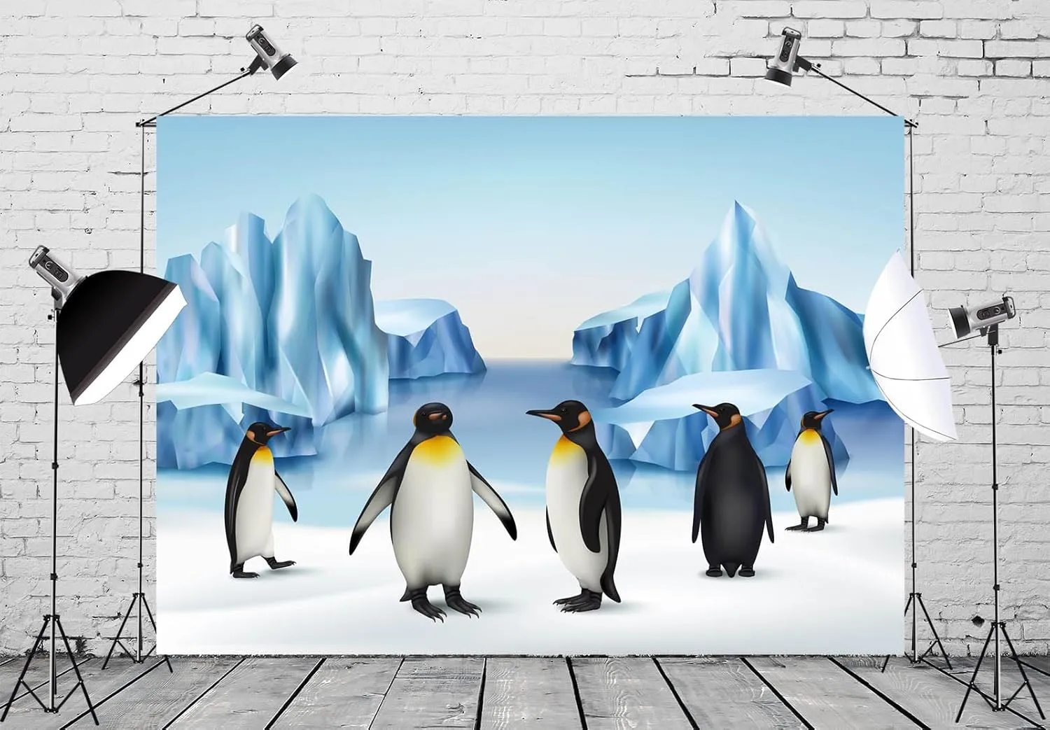 BELECO 8x6ft Fabric Cartoon Penguins Backdrop Polar Scene Arctic Ice Rocks Iceberg Antarctica Glacier Background for Photography Ice and Snow World Decorations Kids Portrait Photo Studio Props