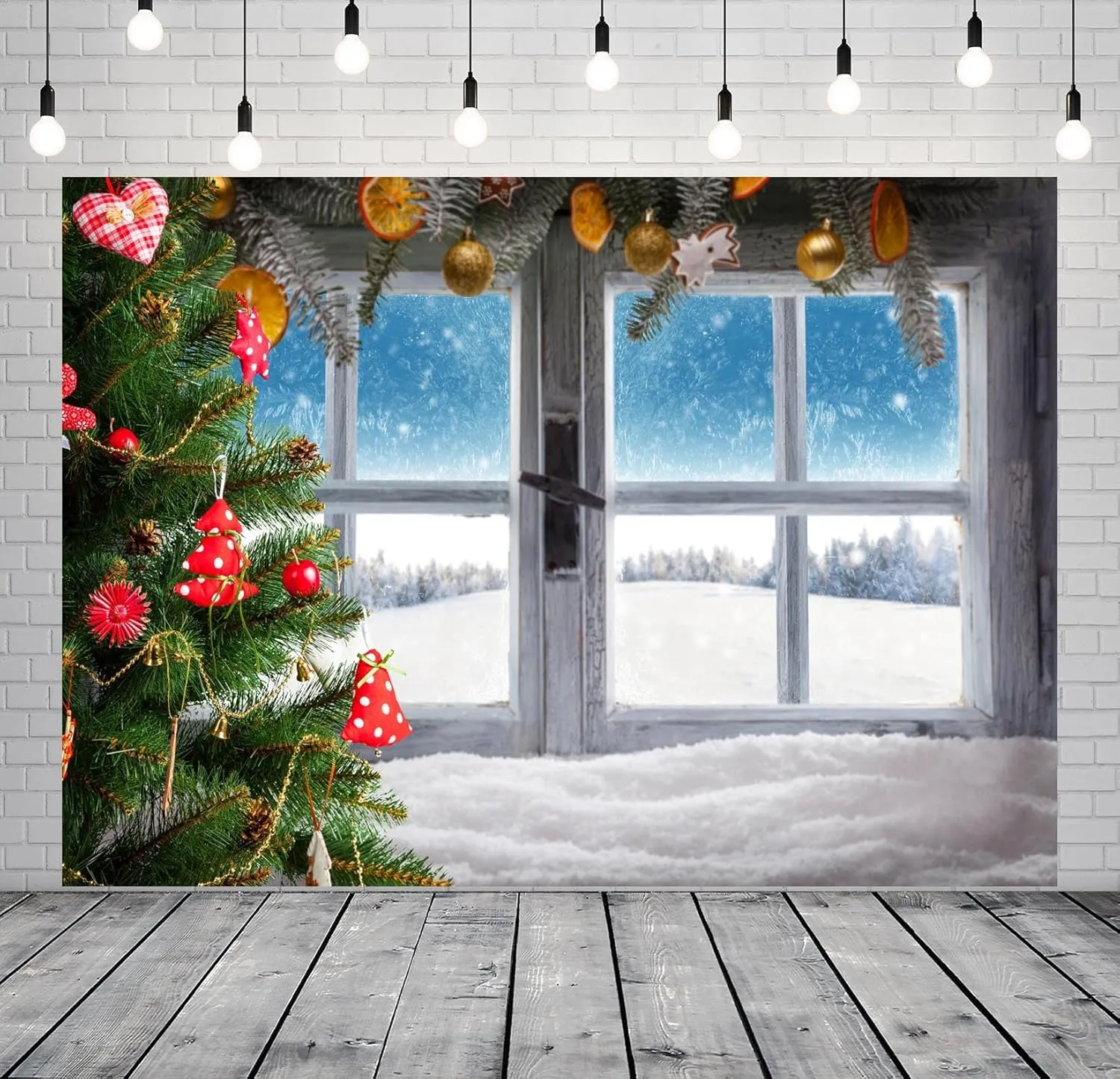 BELECO 8x6ft Fabric Christmas Window Photography Backdrop Snowy Forest Decorated Xmas Tree Ice and Snow World Winter Wonderland Background Merry Christmas New Year Party Decorations Photo Props