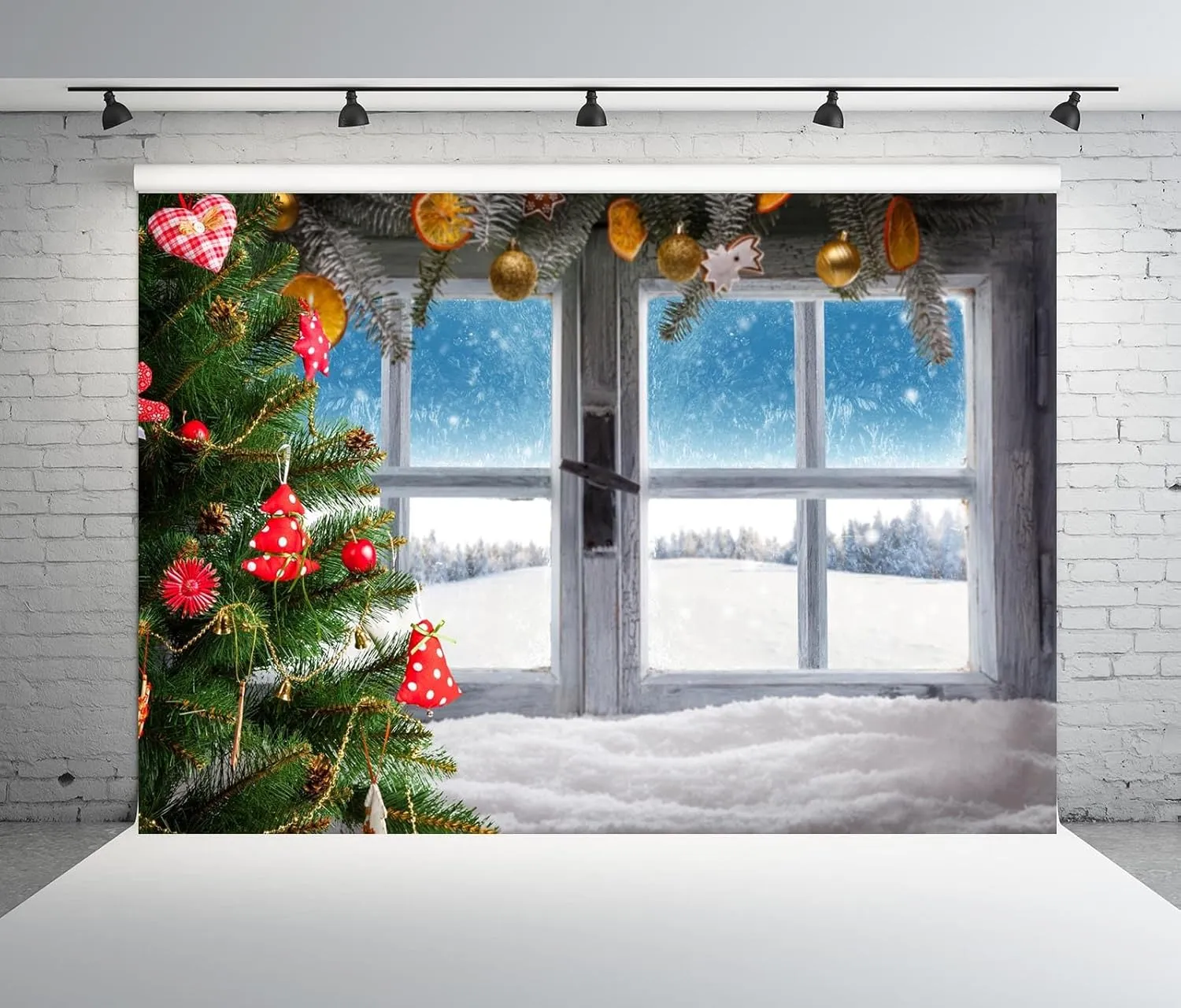 BELECO 8x6ft Fabric Christmas Window Photography Backdrop Snowy Forest Decorated Xmas Tree Ice and Snow World Winter Wonderland Background Merry Christmas New Year Party Decorations Photo Props