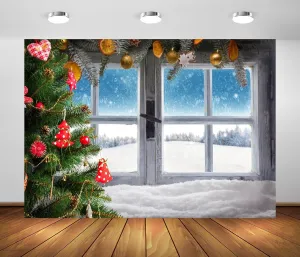 BELECO 8x6ft Fabric Christmas Window Photography Backdrop Snowy Forest Decorated Xmas Tree Ice and Snow World Winter Wonderland Background Merry Christmas New Year Party Decorations Photo Props