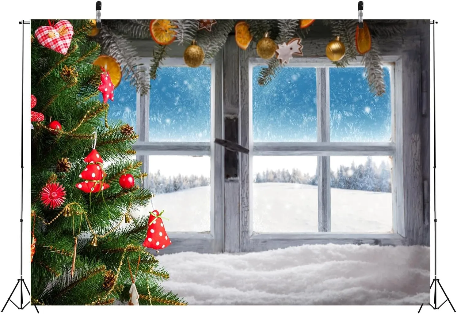 BELECO 8x6ft Fabric Christmas Window Photography Backdrop Snowy Forest Decorated Xmas Tree Ice and Snow World Winter Wonderland Background Merry Christmas New Year Party Decorations Photo Props