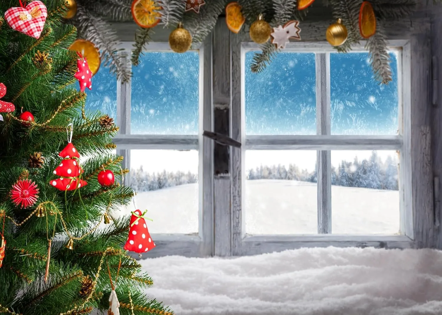 BELECO 8x6ft Fabric Christmas Window Photography Backdrop Snowy Forest Decorated Xmas Tree Ice and Snow World Winter Wonderland Background Merry Christmas New Year Party Decorations Photo Props