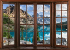 BELECO 8x6ft Fabric Vintage Wooden Window Scenery Backdrop Mountain Lake Backdrop Banff National Park Moraine Lake Canadian Rocky Mountains Background Home Decor Photo Booth Shoot Studio Props