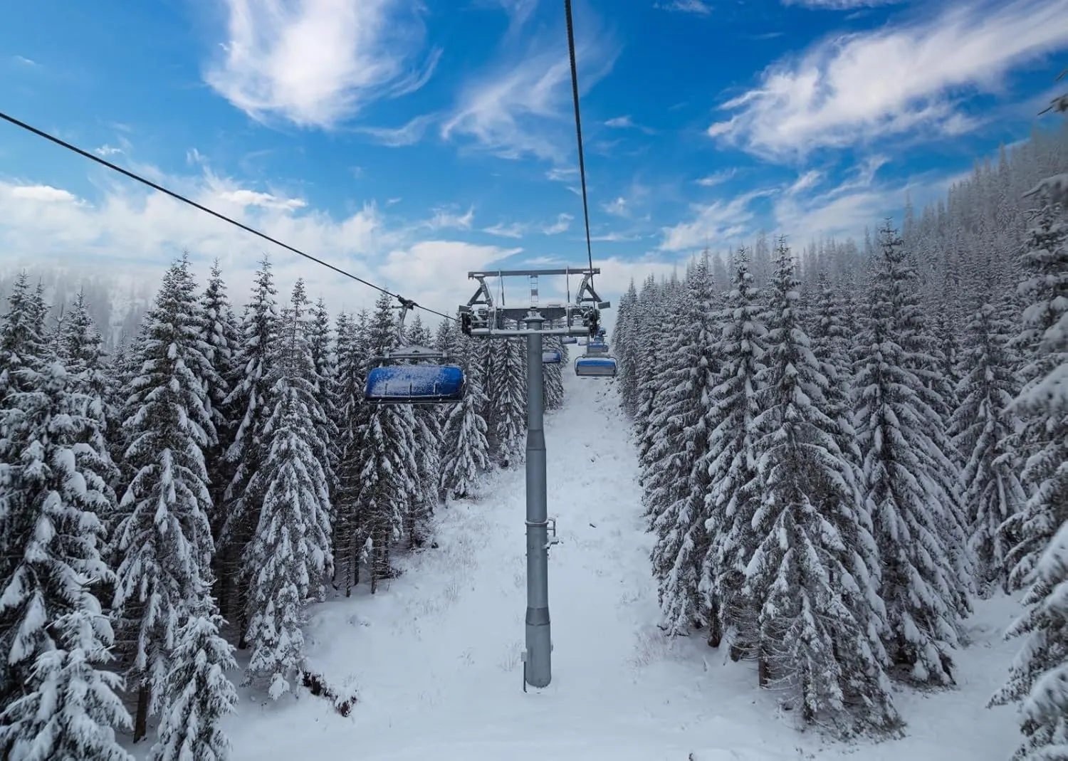 BELECO 8x6ft Fabric Winter Ski Resort Backdrop Snowy Mountain Cableway Station Fir Trees Background Winter Theme Kids Birthday Party Decor Photo Studio Props