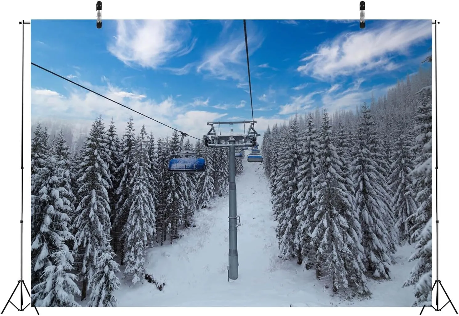 BELECO 8x6ft Fabric Winter Ski Resort Backdrop Snowy Mountain Cableway Station Fir Trees Background Winter Theme Kids Birthday Party Decor Photo Studio Props