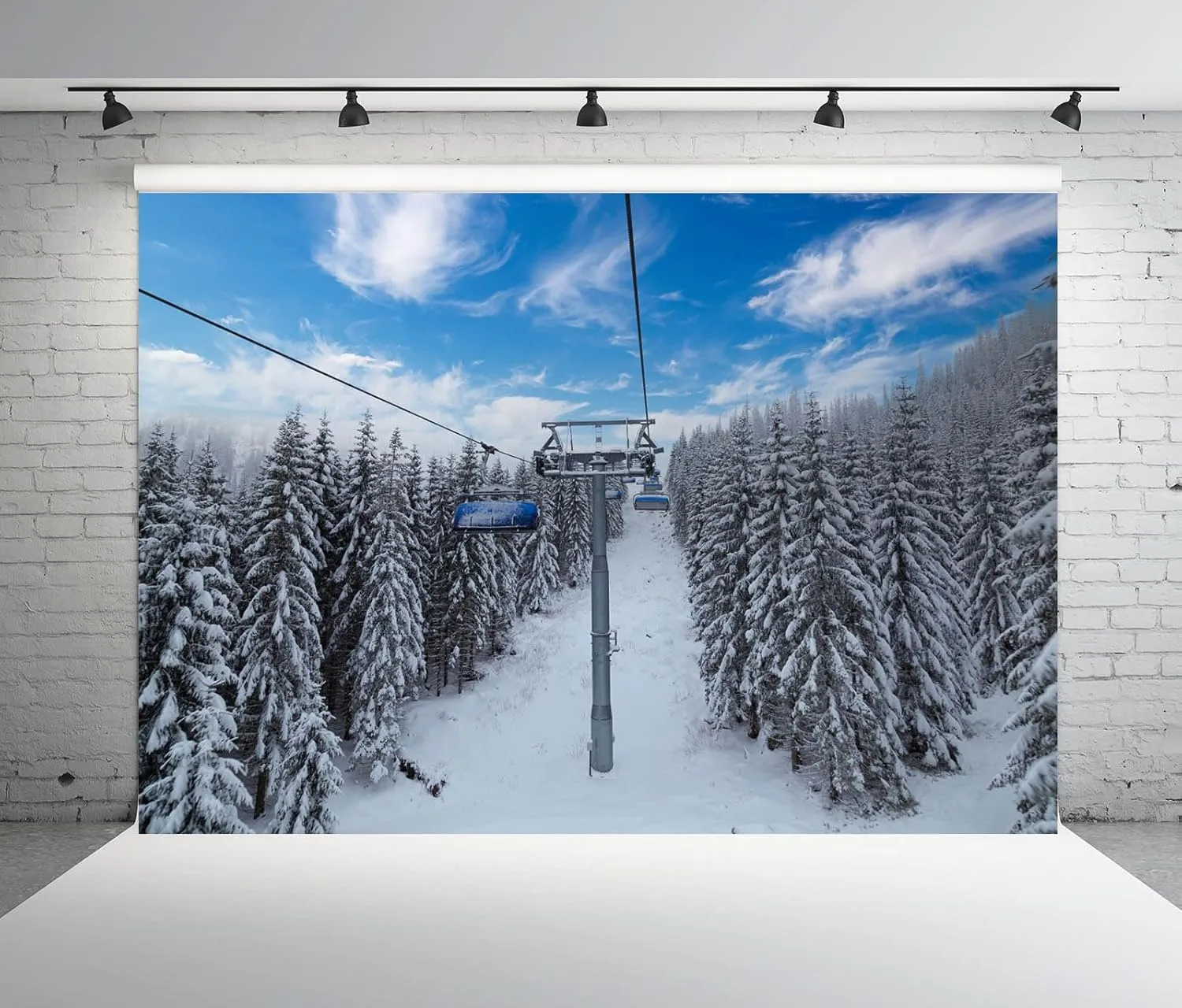 BELECO 8x6ft Fabric Winter Ski Resort Backdrop Snowy Mountain Cableway Station Fir Trees Background Winter Theme Kids Birthday Party Decor Photo Studio Props