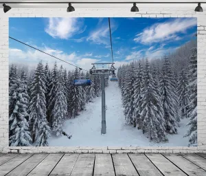 BELECO 8x6ft Fabric Winter Ski Resort Backdrop Snowy Mountain Cableway Station Fir Trees Background Winter Theme Kids Birthday Party Decor Photo Studio Props