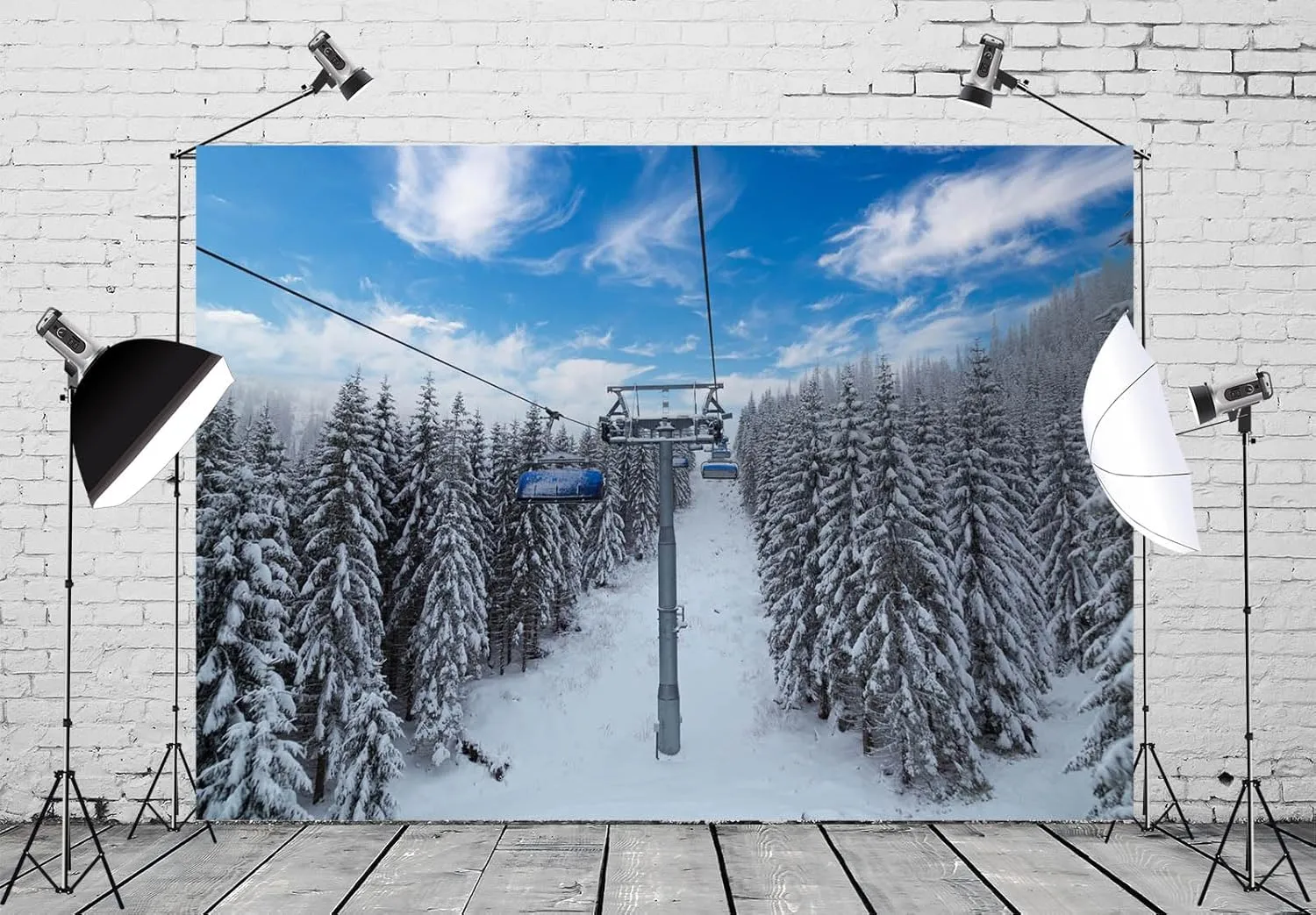 BELECO 8x6ft Fabric Winter Ski Resort Backdrop Snowy Mountain Cableway Station Fir Trees Background Winter Theme Kids Birthday Party Decor Photo Studio Props