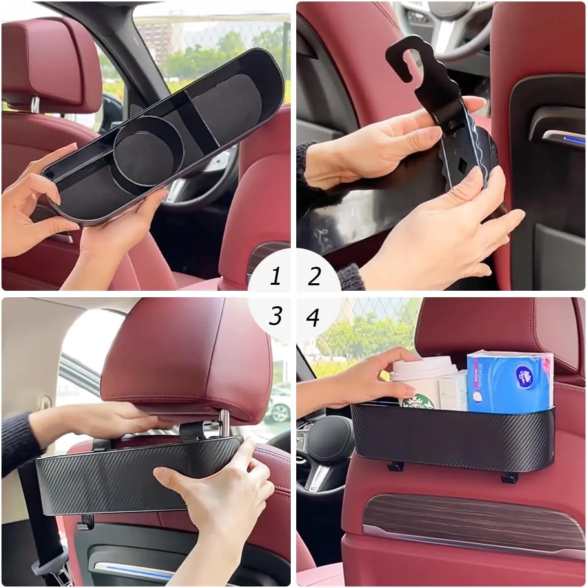 BELOMI 2PCS Car Headrest Backseat Organizer with Cup Holder, Seat Back Hanging Storage Box with Hooks, Multi-Functional Drink Pocket Food Snack Phone Tray for Kids, Car Travel Accessories（Black/2PCS）