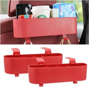 BELOMI 2PCS Car Headrest Backseat Organizer with Cup Holder, Seat Back Hanging Storage Box with Hooks, Multi-Functional Drink Pocket Food Snack Phone Tray for Kids, Car Travel Accessories（Red/2PCS）