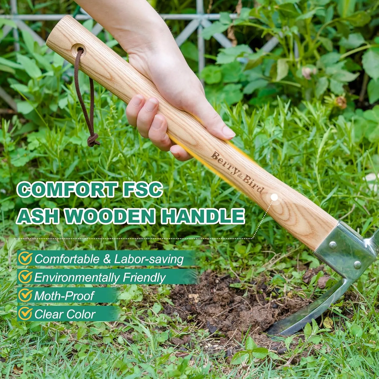 Berry&Bird Gardening Pick Axes, Stainless Steel Pickaxe Mattock Hoe with Wooden Handle, Heavy Duty Pick Axe Hand Tool for Transplanting Digging Planting Loosening Soil Camping or Prospecting