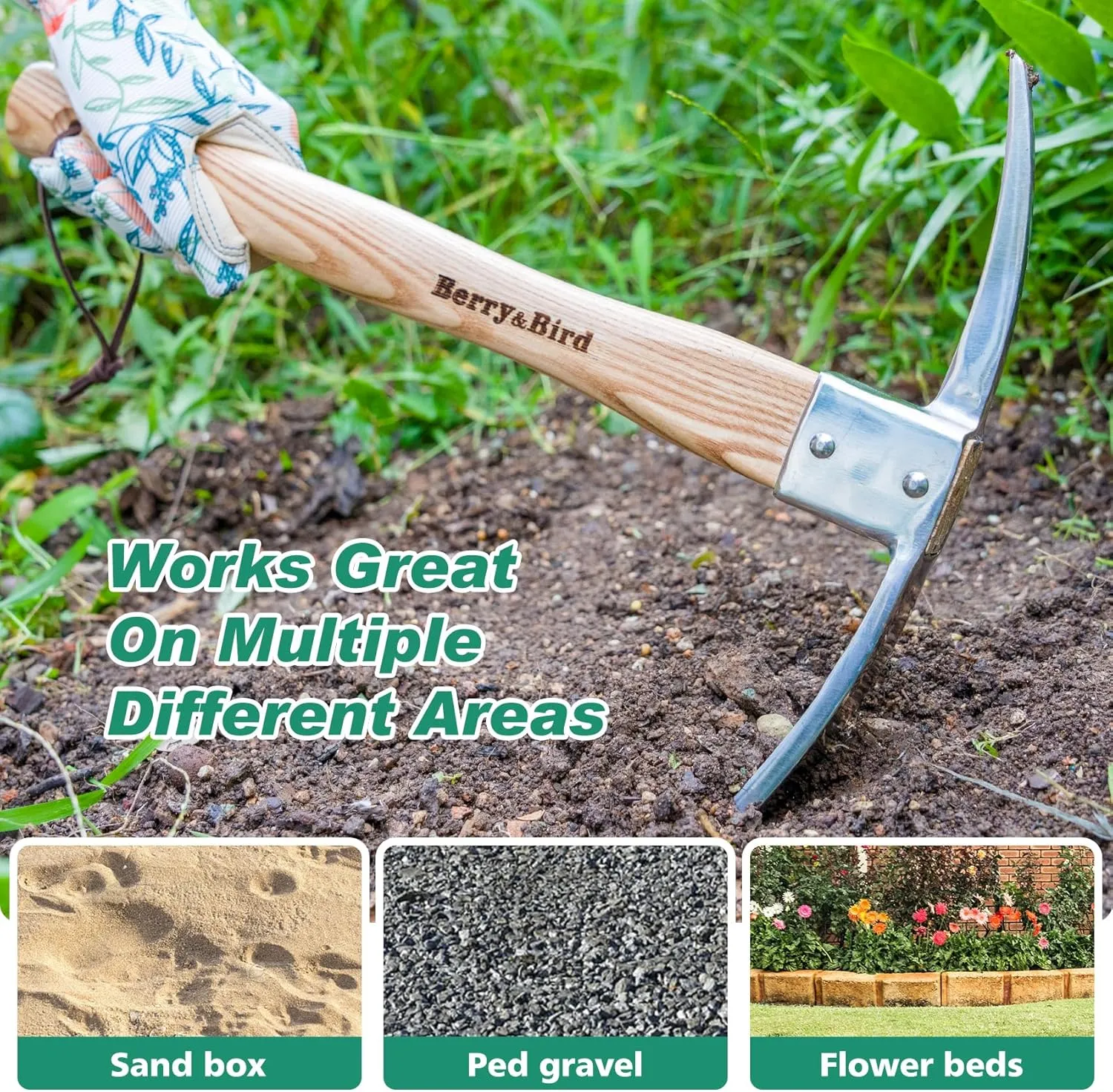 Berry&Bird Gardening Pick Axes, Stainless Steel Pickaxe Mattock Hoe with Wooden Handle, Heavy Duty Pick Axe Hand Tool for Transplanting Digging Planting Loosening Soil Camping or Prospecting
