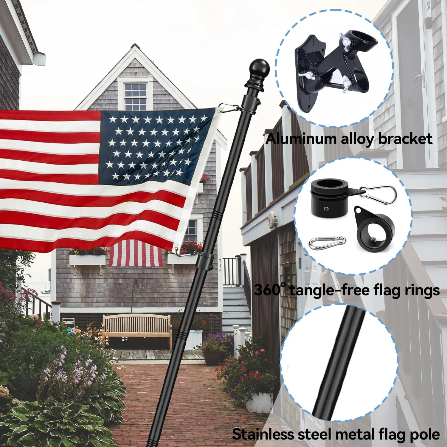 Black 6Ft Stainless Steel Flag Pole Kit for Outside House - Heavy Duty Tangle-Free Flagpole with 360° Anti-Wrap Rings, Adjustable 45°/90° Aluminum Alloy Bracket, Residential & Commercial Use (Black)