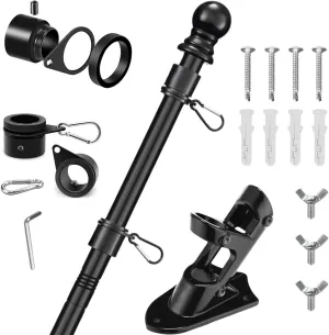Black 6Ft Stainless Steel Flag Pole Kit for Outside House - Heavy Duty Tangle-Free Flagpole with 360° Anti-Wrap Rings, Adjustable 45°/90° Aluminum Alloy Bracket, Residential & Commercial Use (Black)