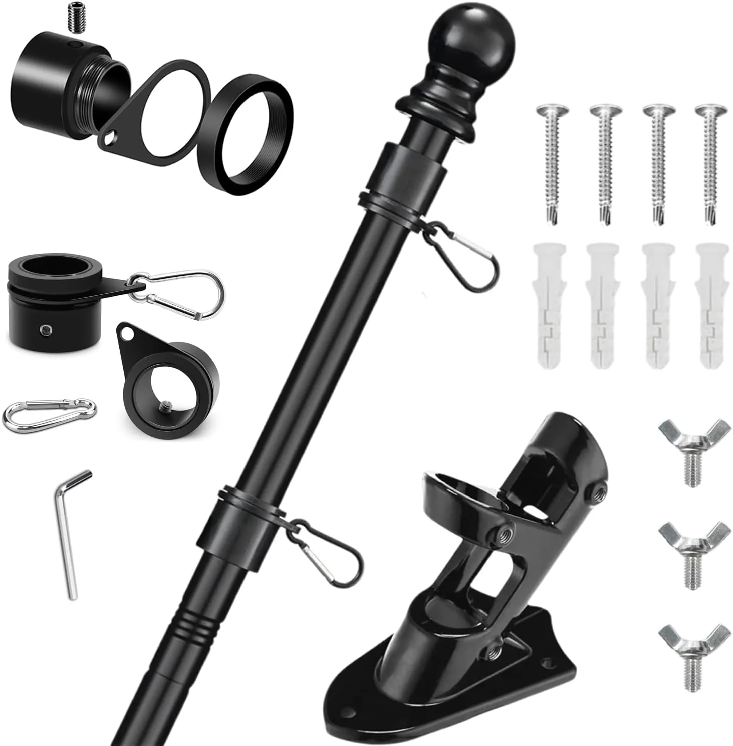 Black 6Ft Stainless Steel Flag Pole Kit for Outside House - Heavy Duty Tangle-Free Flagpole with 360° Anti-Wrap Rings, Adjustable 45°/90° Aluminum Alloy Bracket, Residential & Commercial Use (Black)