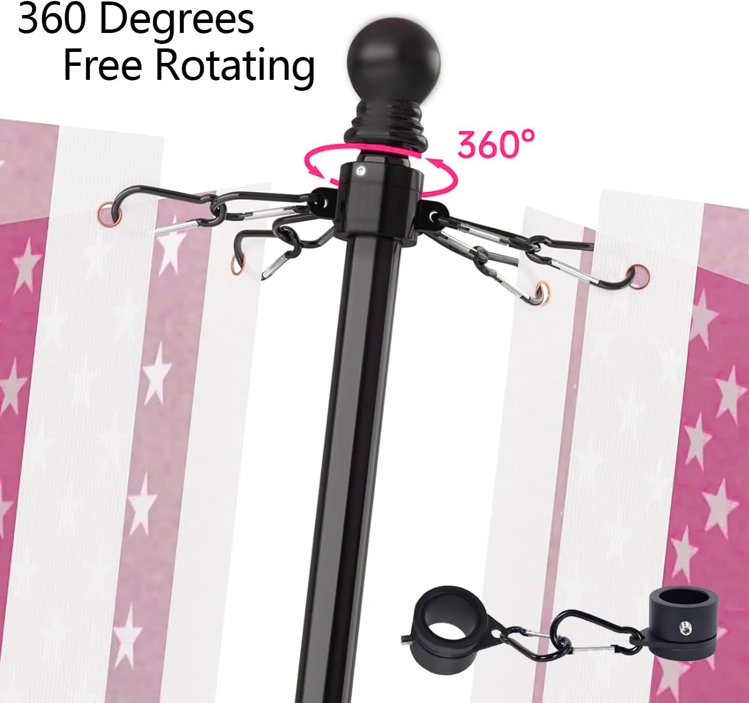 Black 6Ft Stainless Steel Flag Pole Kit for Outside House - Heavy Duty Tangle-Free Flagpole with 360° Anti-Wrap Rings, Adjustable 45°/90° Aluminum Alloy Bracket, Residential & Commercial Use (Black)