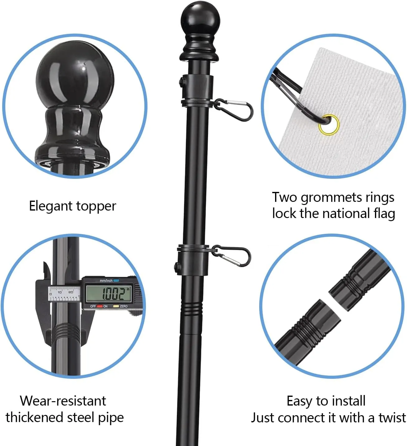 Black 6Ft Stainless Steel Flag Pole Kit for Outside House - Heavy Duty Tangle-Free Flagpole with 360° Anti-Wrap Rings, Adjustable 45°/90° Aluminum Alloy Bracket, Residential & Commercial Use (Black)