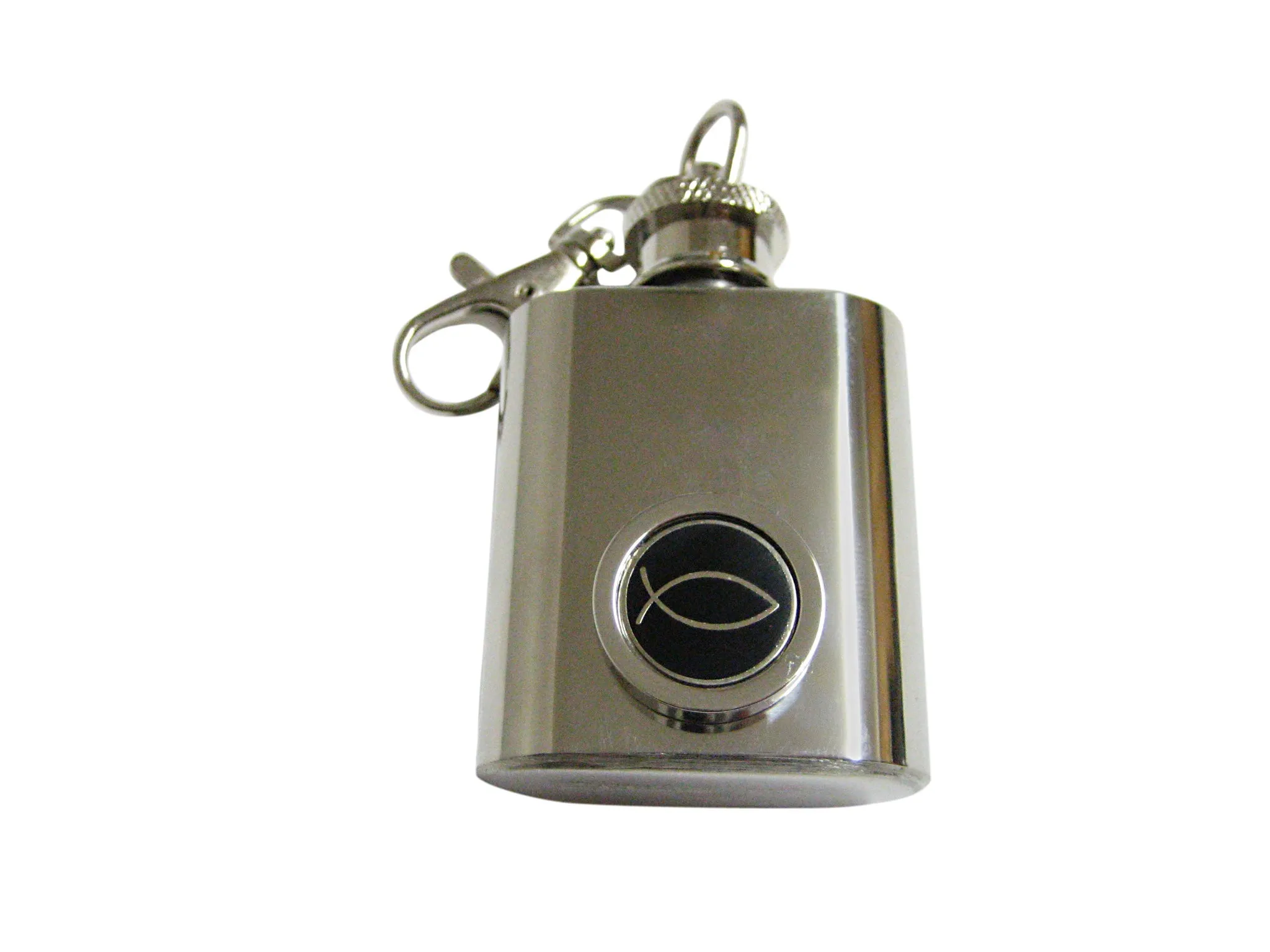 Black and Silver Toned Religious Ichthys Fish 1 Oz. Stainless Steel Key Chain flask