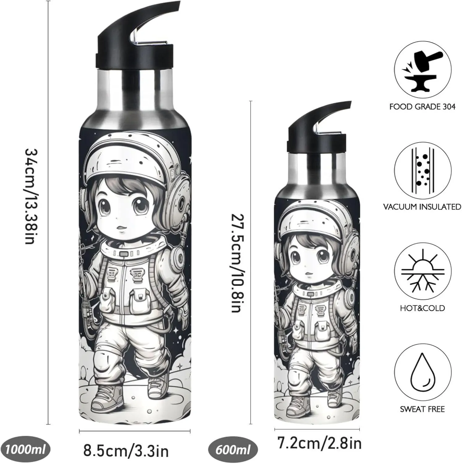 Black Art Girl Astronaut Sport Water Bottle Insulated Stainless Steel Large Vacuum Flask Leak Proof Thermos with Straw for Travel(600ml/1000ml)