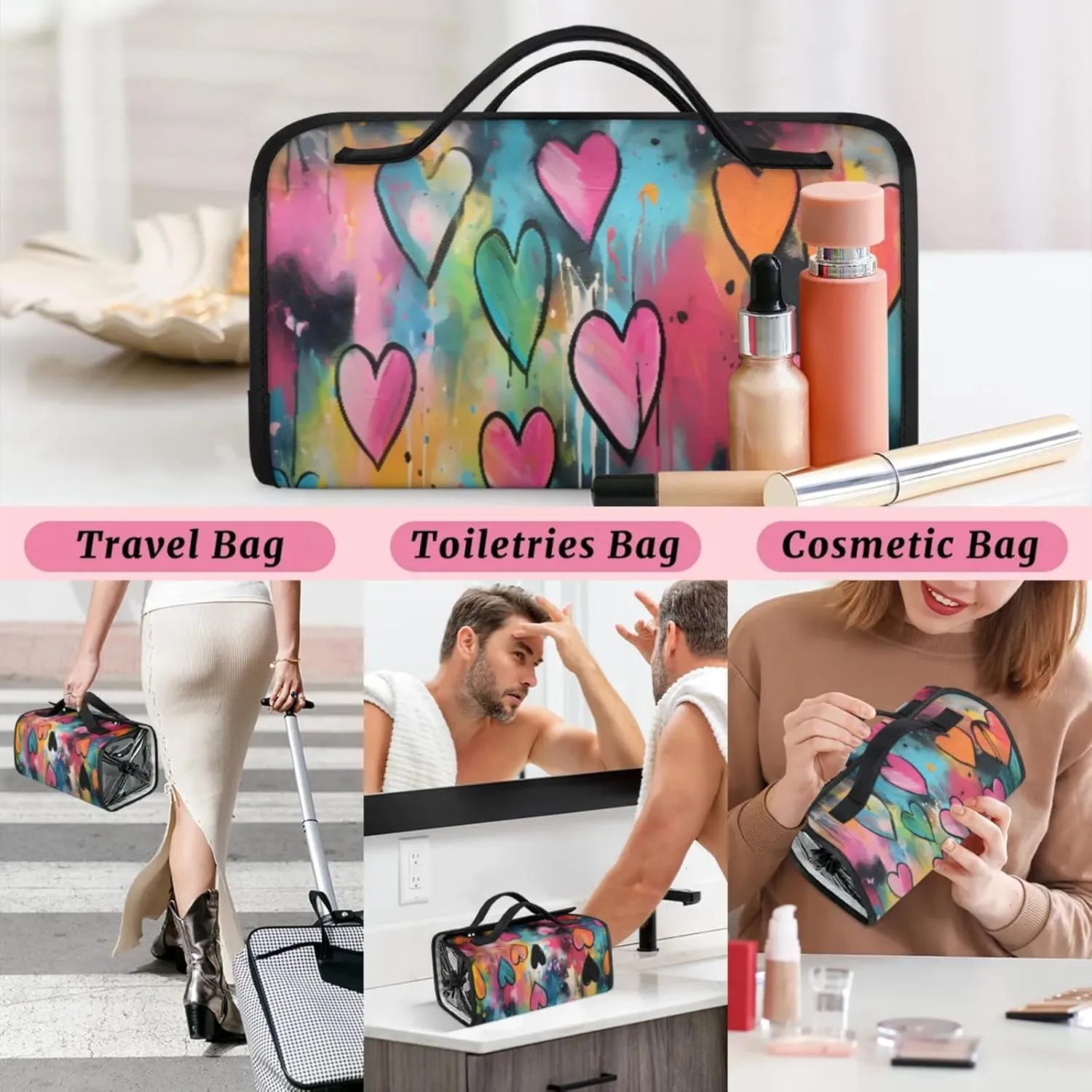 Black Border Romance Toiletry Bag Water Proof Travel Makeup Case Large Capacity 4 in 1 Foldable Cosmetics Storage for Women Men Removable Zipper Clear PVC Pockets