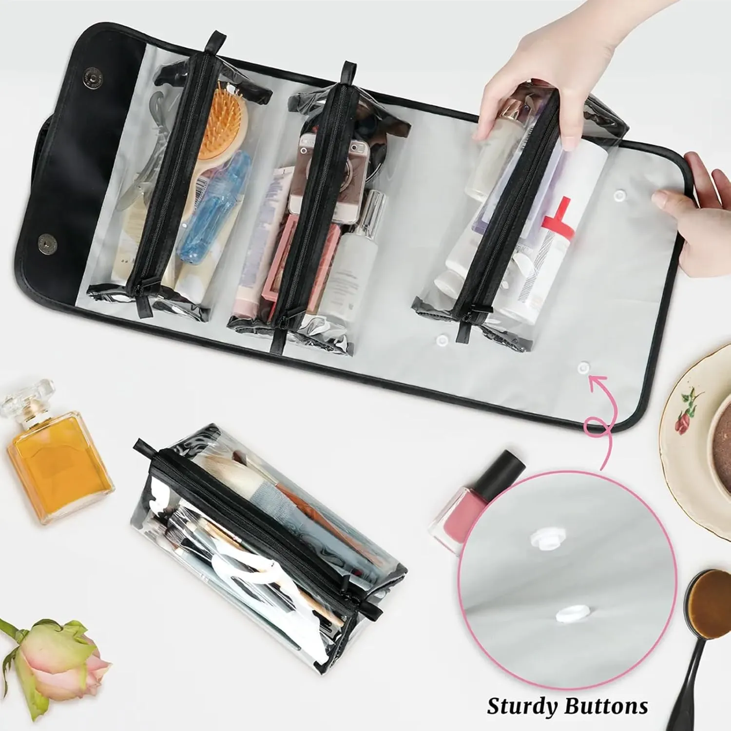 Black Border Romance Toiletry Bag Water Proof Travel Makeup Case Large Capacity 4 in 1 Foldable Cosmetics Storage for Women Men Removable Zipper Clear PVC Pockets
