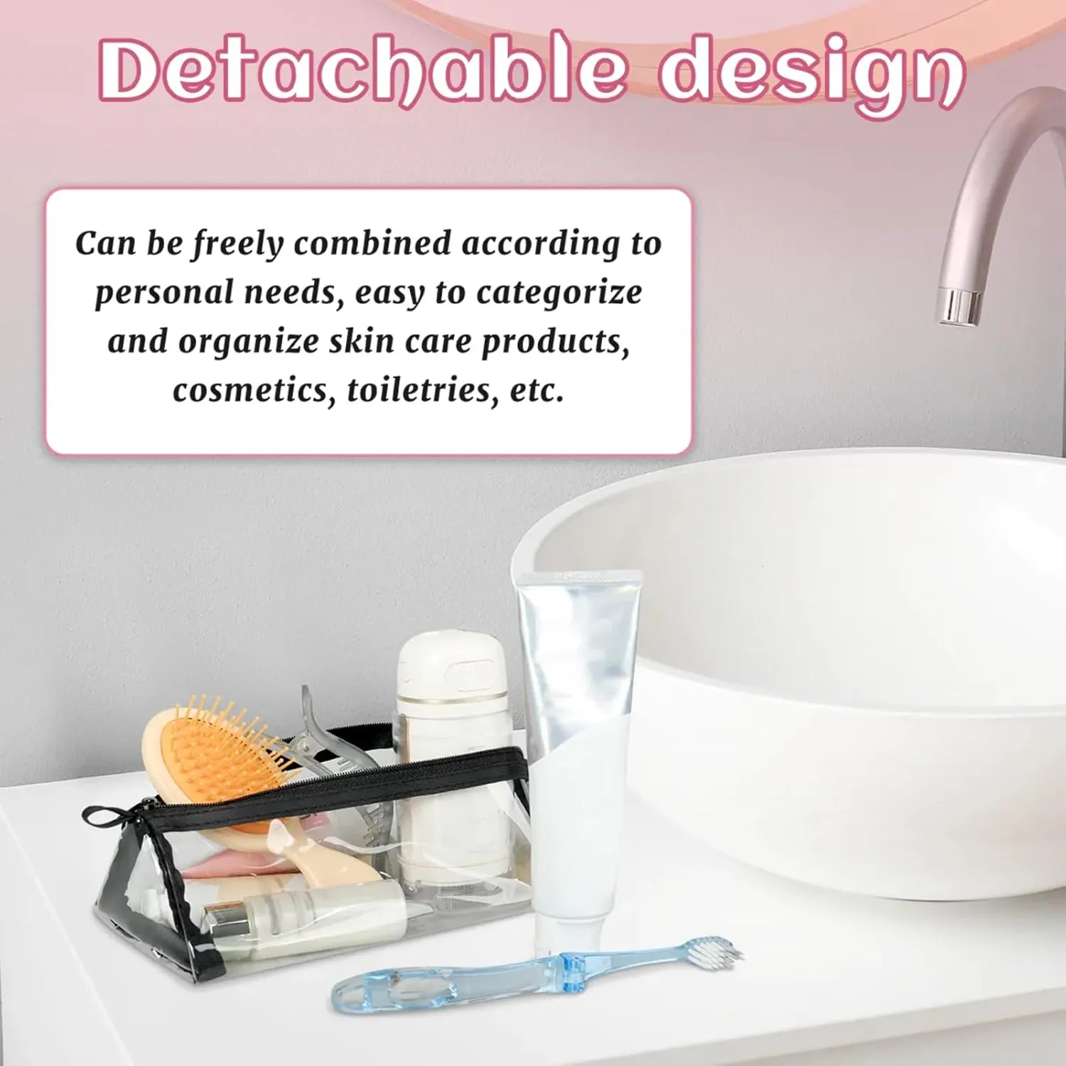Black Border Romance Toiletry Bag Water Proof Travel Makeup Case Large Capacity 4 in 1 Foldable Cosmetics Storage for Women Men Removable Zipper Clear PVC Pockets