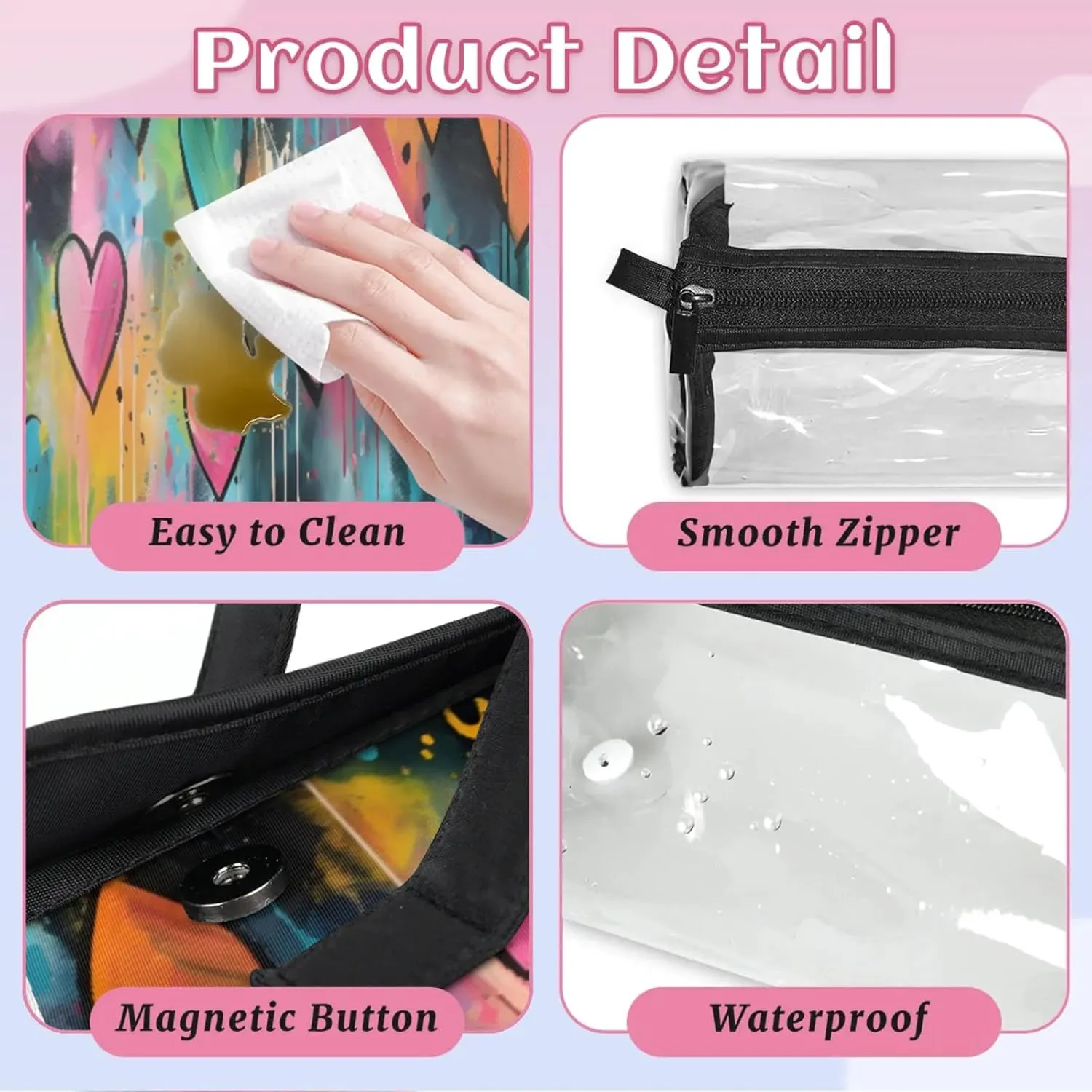 Black Border Romance Toiletry Bag Water Proof Travel Makeup Case Large Capacity 4 in 1 Foldable Cosmetics Storage for Women Men Removable Zipper Clear PVC Pockets