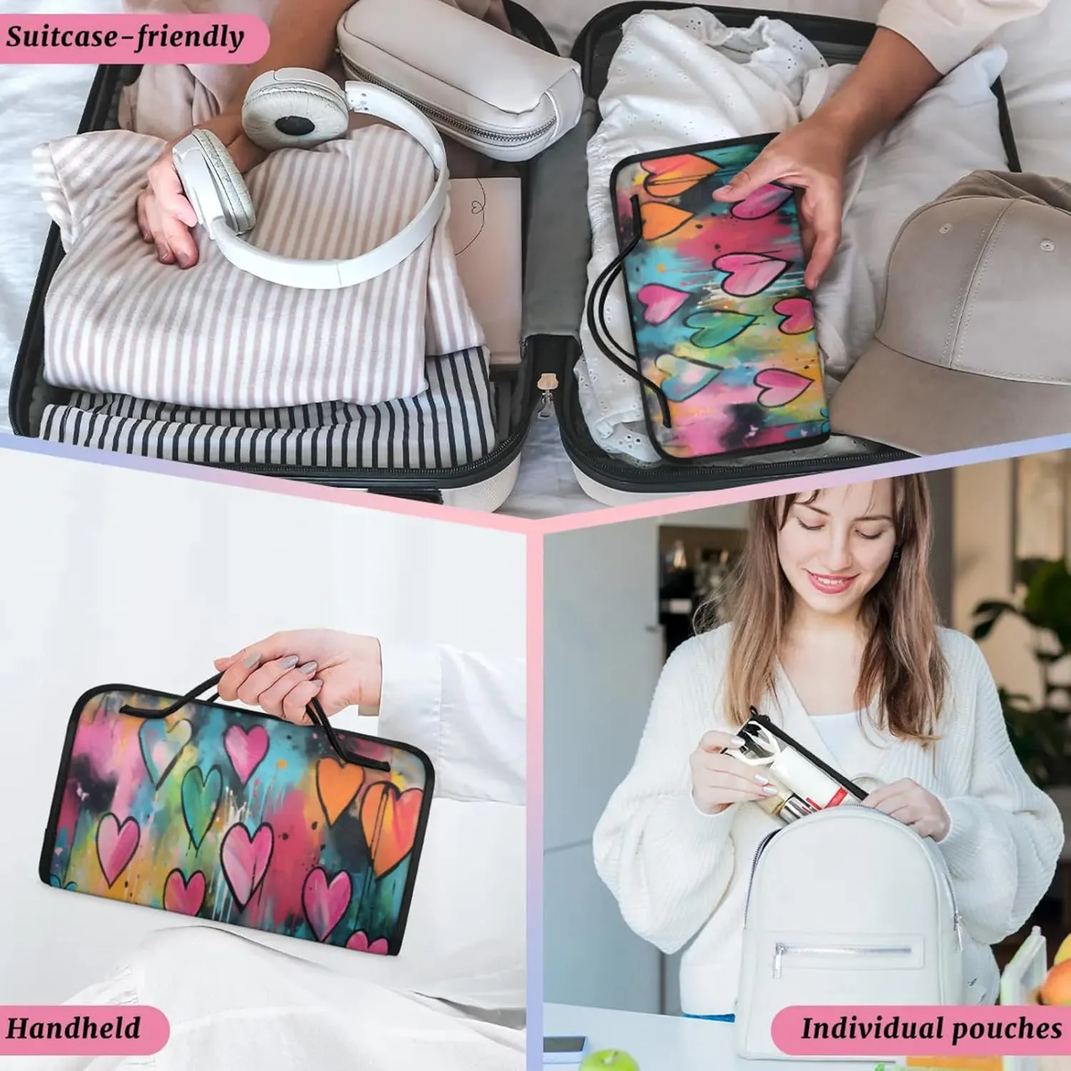 Black Border Romance Toiletry Bag Water Proof Travel Makeup Case Large Capacity 4 in 1 Foldable Cosmetics Storage for Women Men Removable Zipper Clear PVC Pockets