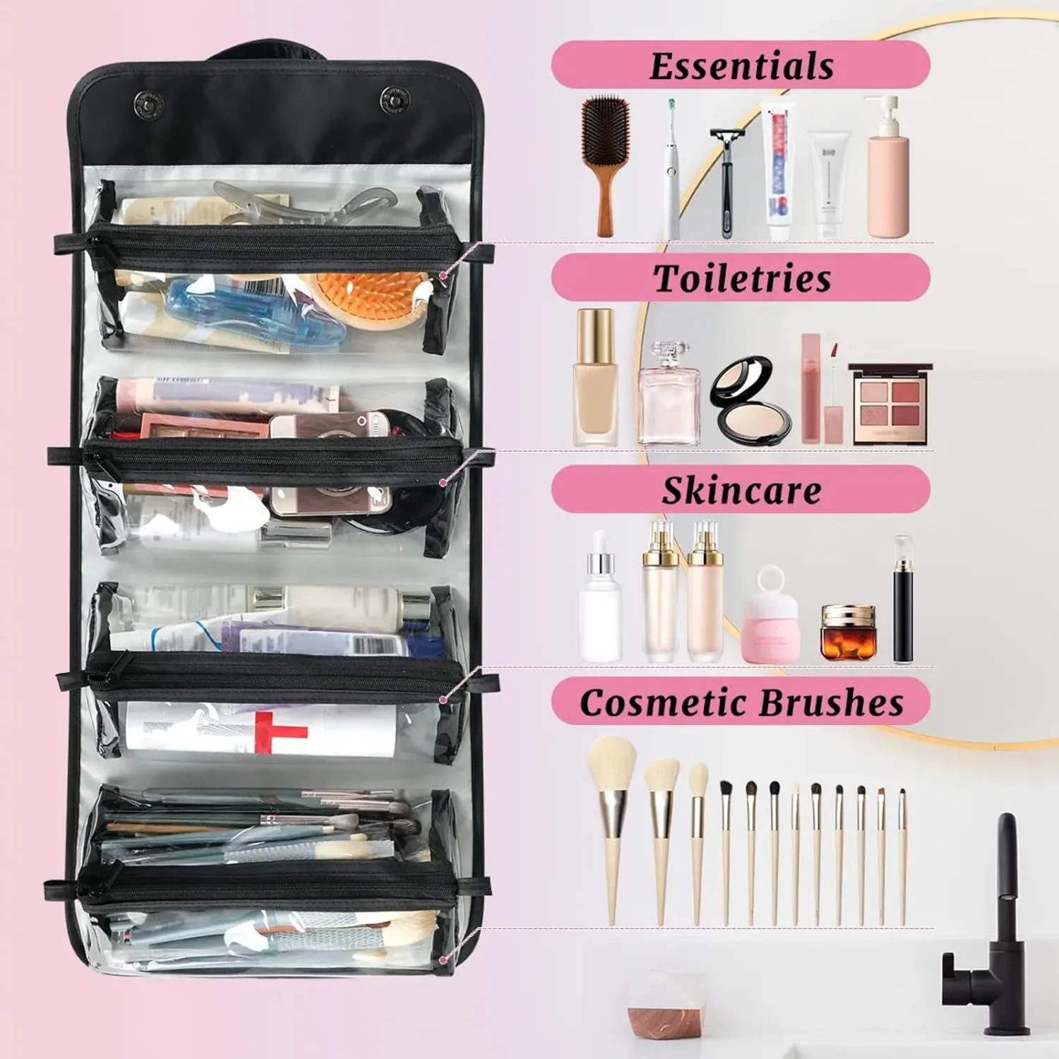 Black Border Romance Toiletry Bag Water Proof Travel Makeup Case Large Capacity 4 in 1 Foldable Cosmetics Storage for Women Men Removable Zipper Clear PVC Pockets