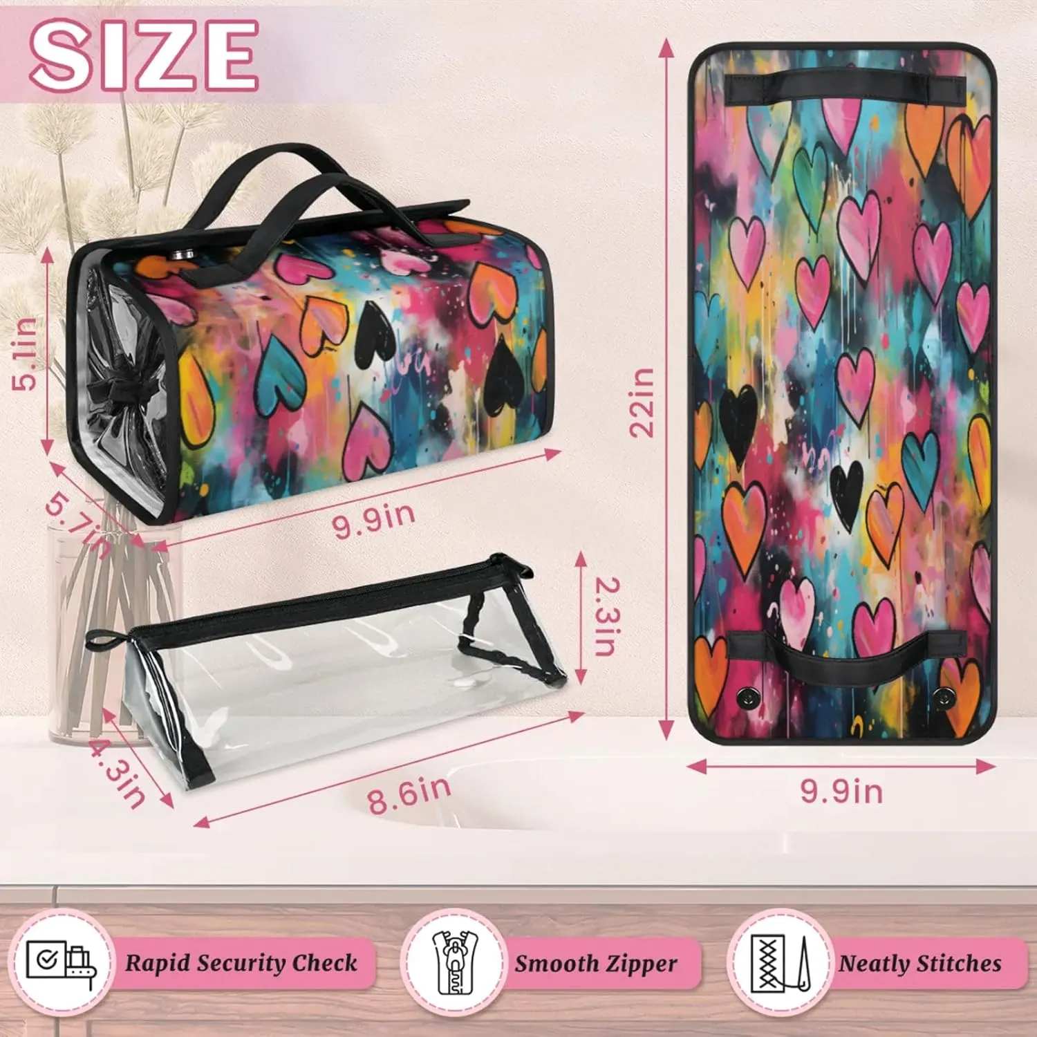 Black Border Romance Toiletry Bag Water Proof Travel Makeup Case Large Capacity 4 in 1 Foldable Cosmetics Storage for Women Men Removable Zipper Clear PVC Pockets