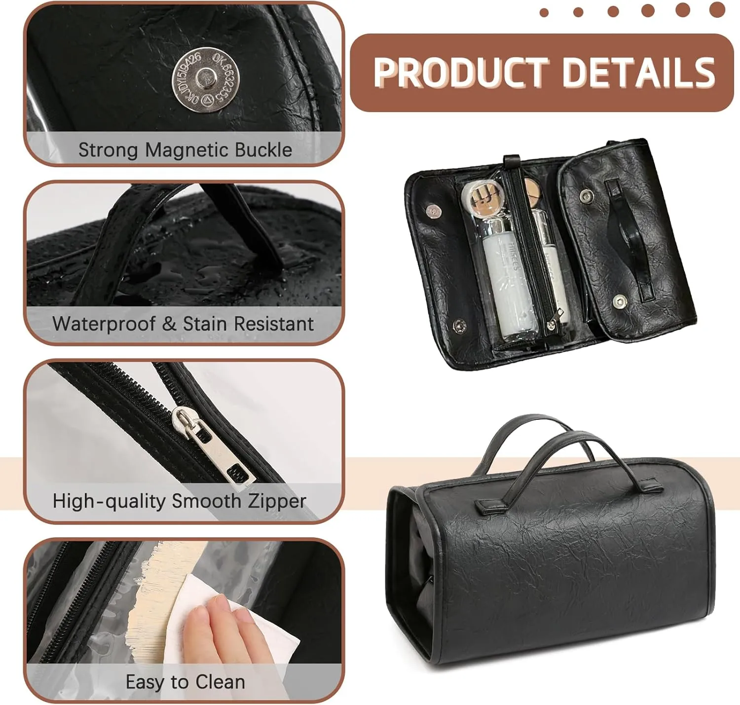 Black Hanging Toiletry Bag for Women 4 in 1 Roll Up Travel Makeup Bag Organizer Large Capacity Cosmetic Bag for Women with 4 Clear Detachable Pouches