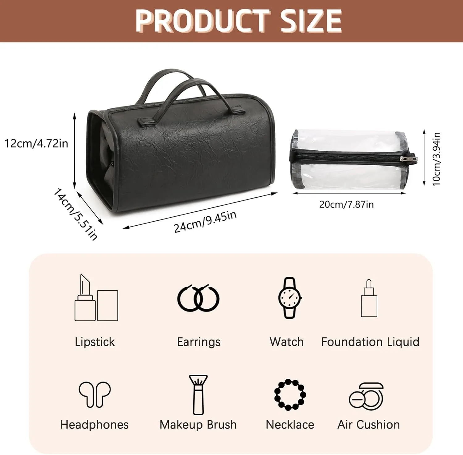 Black Hanging Toiletry Bag for Women 4 in 1 Roll Up Travel Makeup Bag Organizer Large Capacity Cosmetic Bag for Women with 4 Clear Detachable Pouches