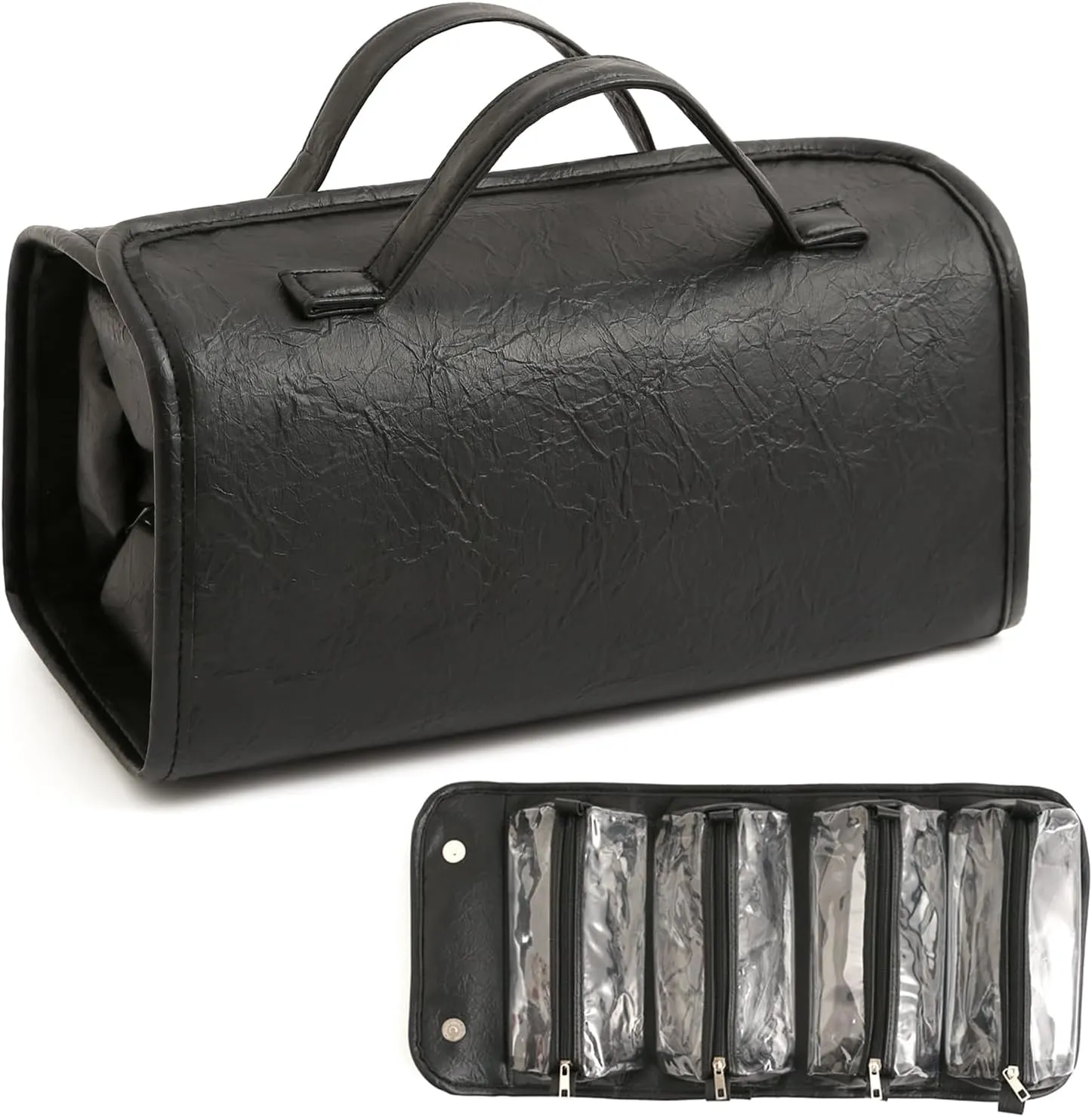 Black Hanging Toiletry Bag for Women 4 in 1 Roll Up Travel Makeup Bag Organizer Large Capacity Cosmetic Bag for Women with 4 Clear Detachable Pouches