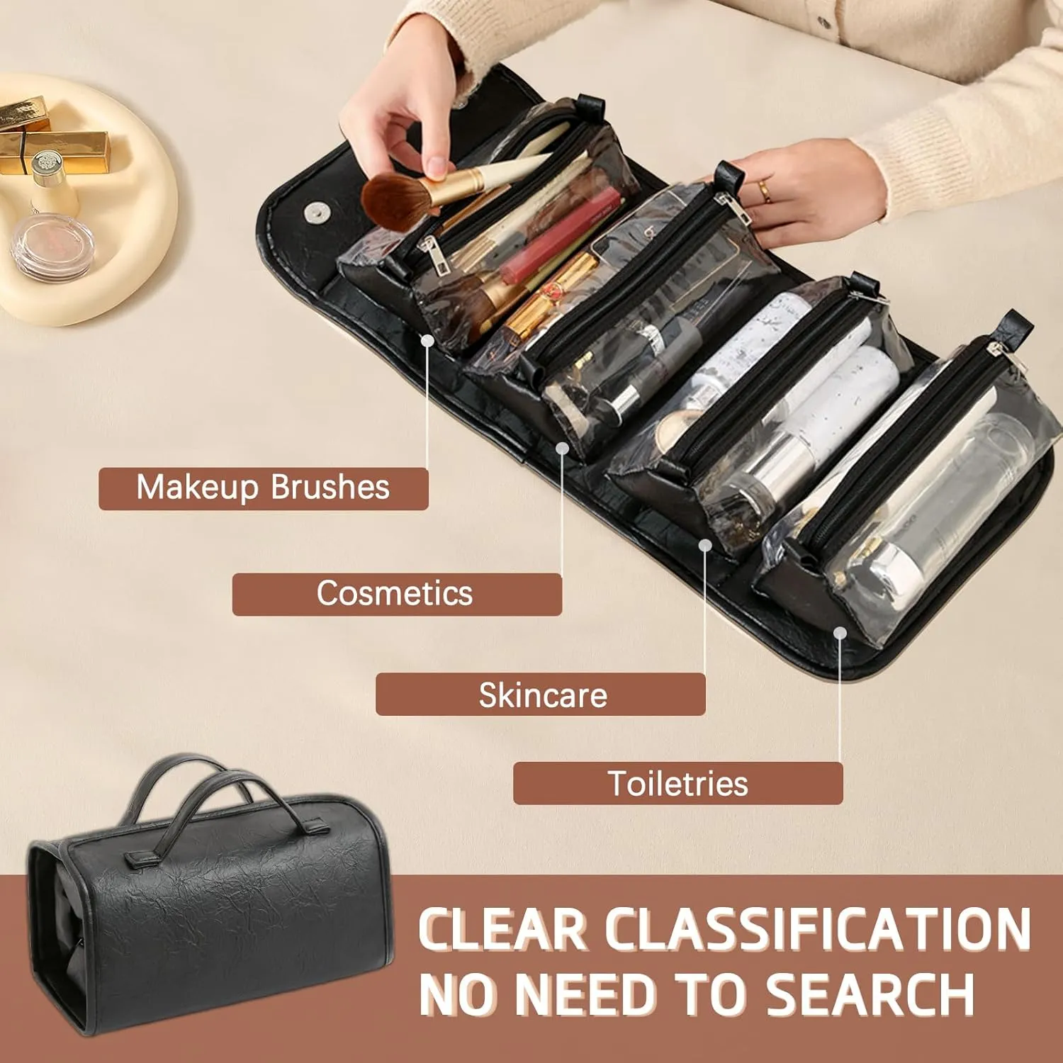 Black Hanging Toiletry Bag for Women 4 in 1 Roll Up Travel Makeup Bag Organizer Large Capacity Cosmetic Bag for Women with 4 Clear Detachable Pouches