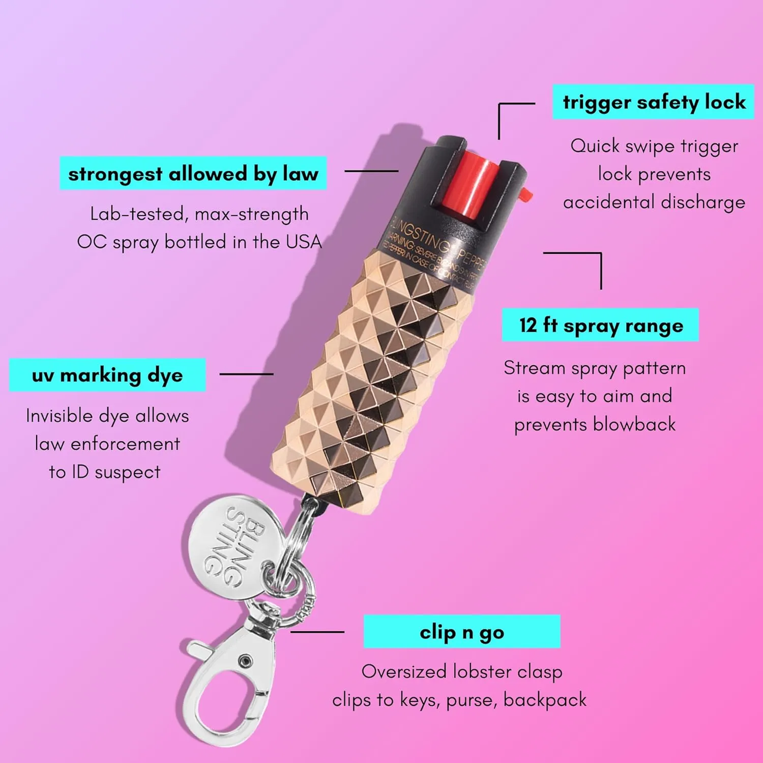 BLINGSTING BLINGSTING Pepper Spray Maximum OC Strength Self Defense Spays for Women, 12 ft Spray Range & UV Dye