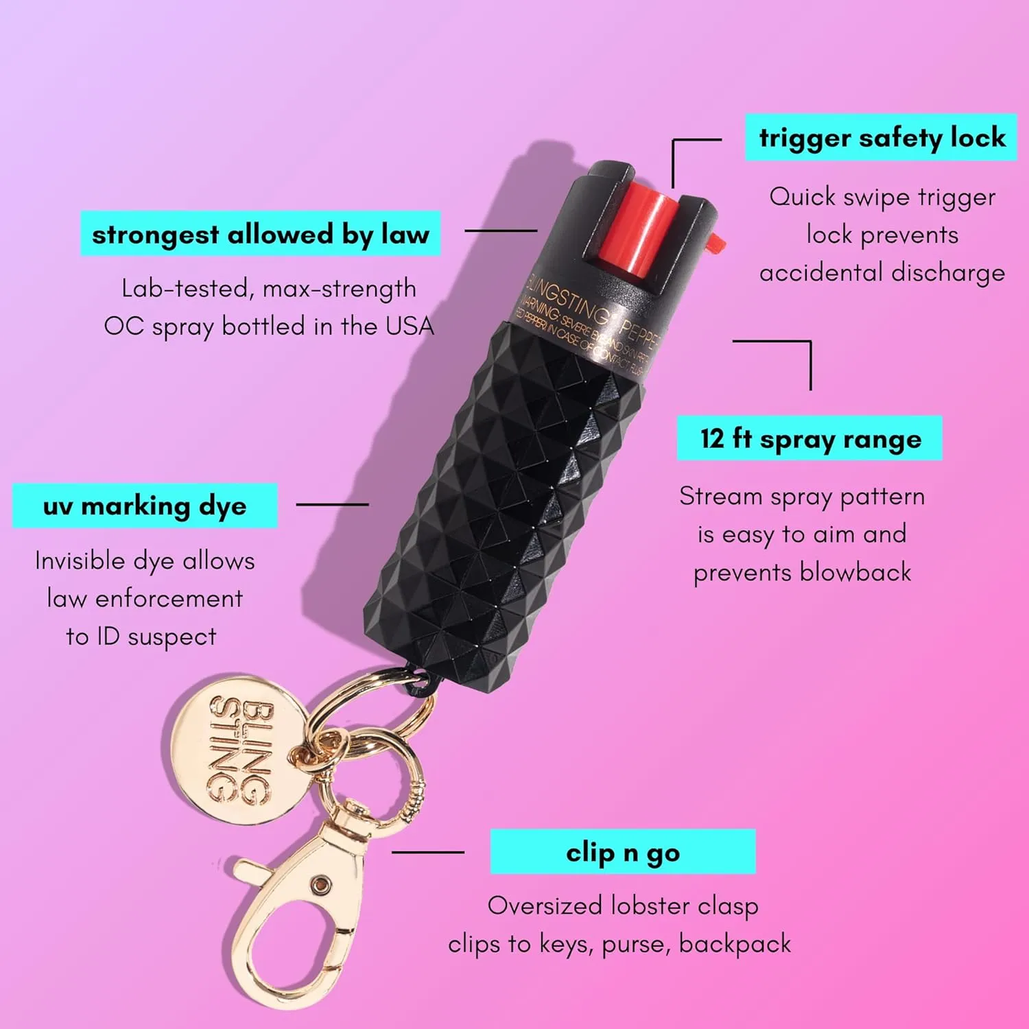 BLINGSTING BLINGSTING Pepper Spray Maximum OC Strength Self Defense Spays for Women, 12 ft Spray Range & UV Dye