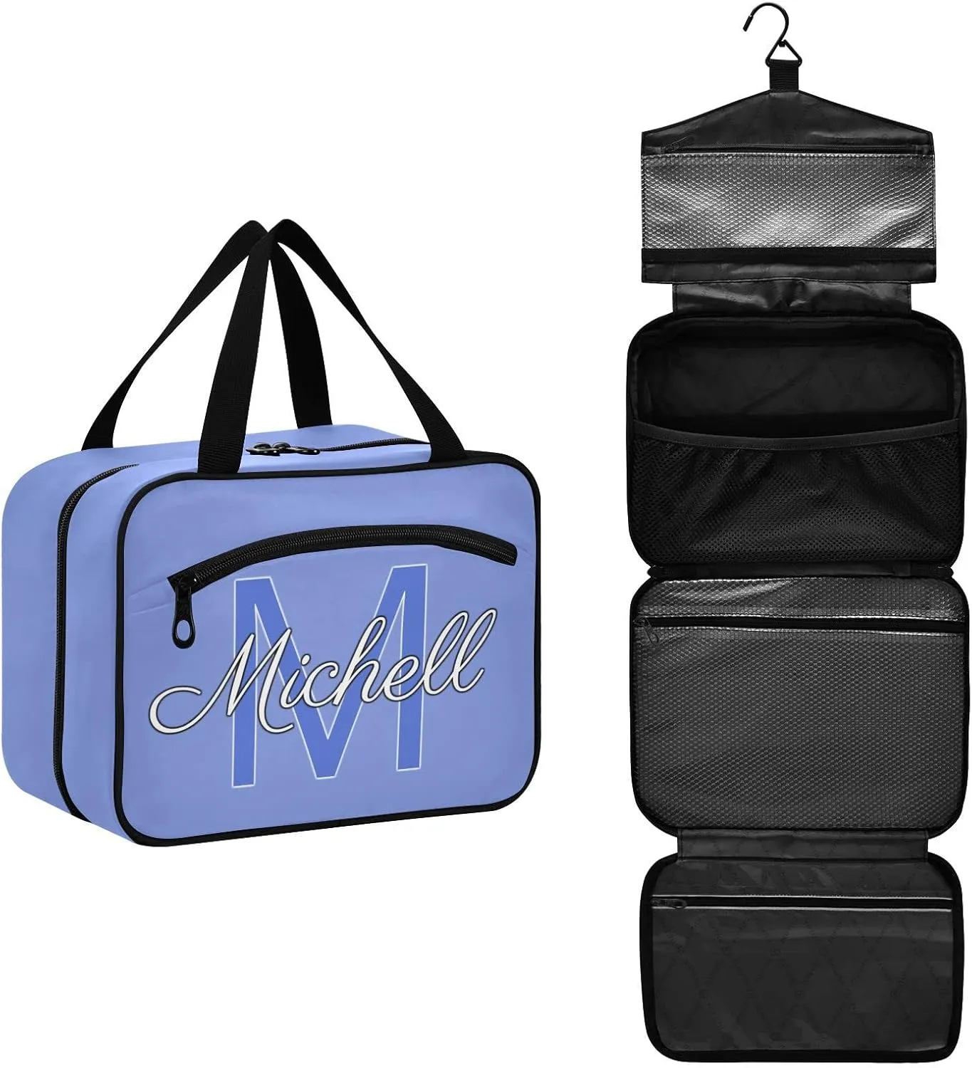 Blue-purple Personalized Hanging Travel Toiletry Bag for Women Men Custom Makeup Organizer with bottles & hanging hook Bathroom Shower Bag for Toiletries Traveling Bathroom Outdoors Hotel