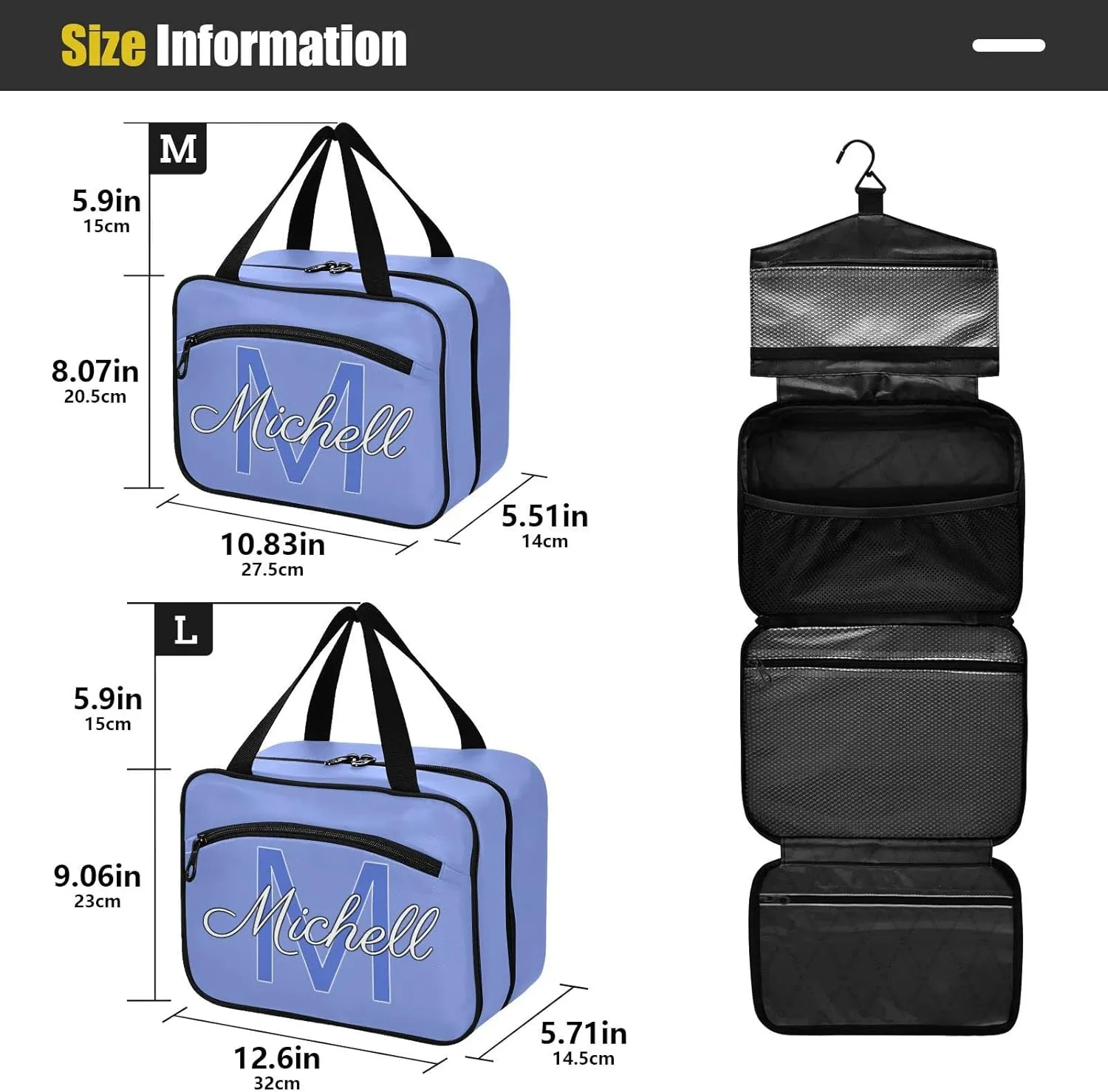 Blue-purple Personalized Hanging Travel Toiletry Bag for Women Men Custom Makeup Organizer with bottles & hanging hook Bathroom Shower Bag for Toiletries Traveling Bathroom Outdoors Hotel