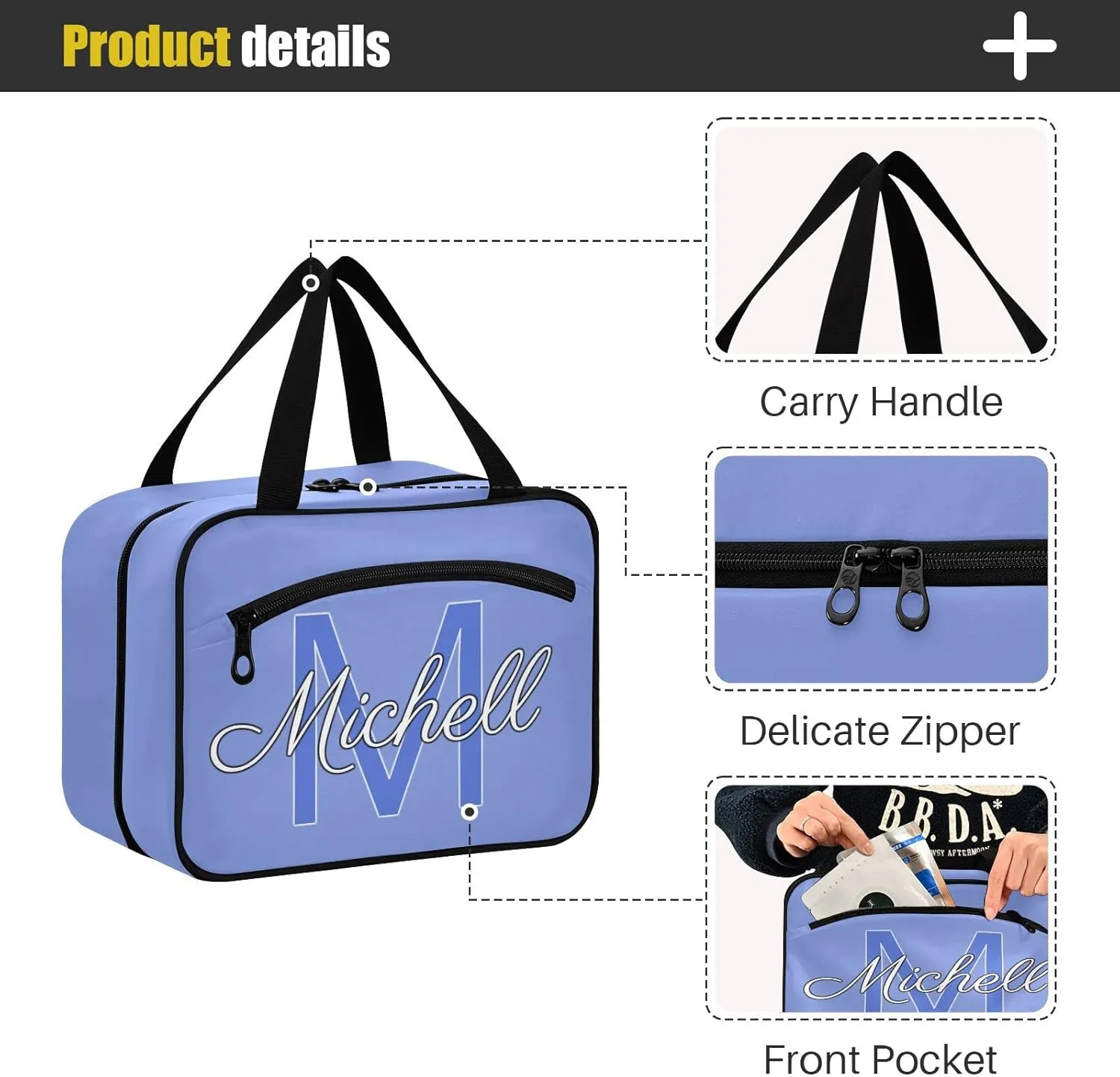 Blue-purple Personalized Hanging Travel Toiletry Bag for Women Men Custom Makeup Organizer with bottles & hanging hook Bathroom Shower Bag for Toiletries Traveling Bathroom Outdoors Hotel