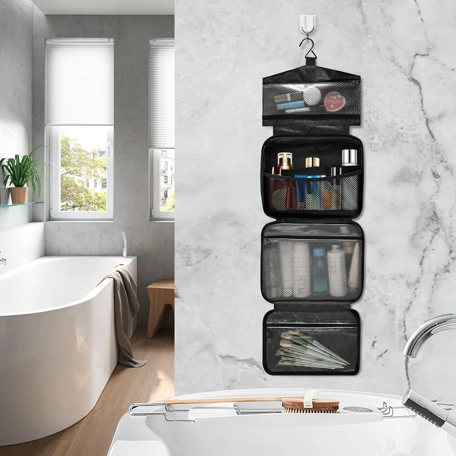 Blue-purple Personalized Hanging Travel Toiletry Bag for Women Men Custom Makeup Organizer with bottles & hanging hook Bathroom Shower Bag for Toiletries Traveling Bathroom Outdoors Hotel