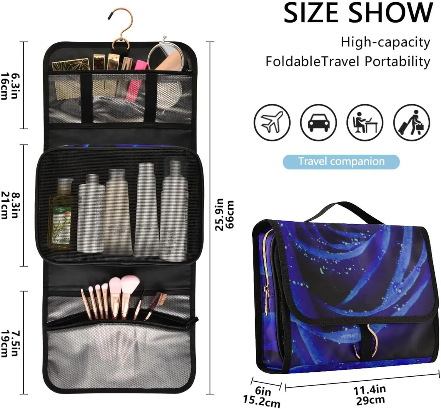 Blue Rose with Water Drops Texture 3 PCs Set Toiletry bags, 1 Women's Travel Cosmetic Bag, 1 Hanging Toiletry Wash Bag, 1 Brush Case, Portable Makeup Storage Case